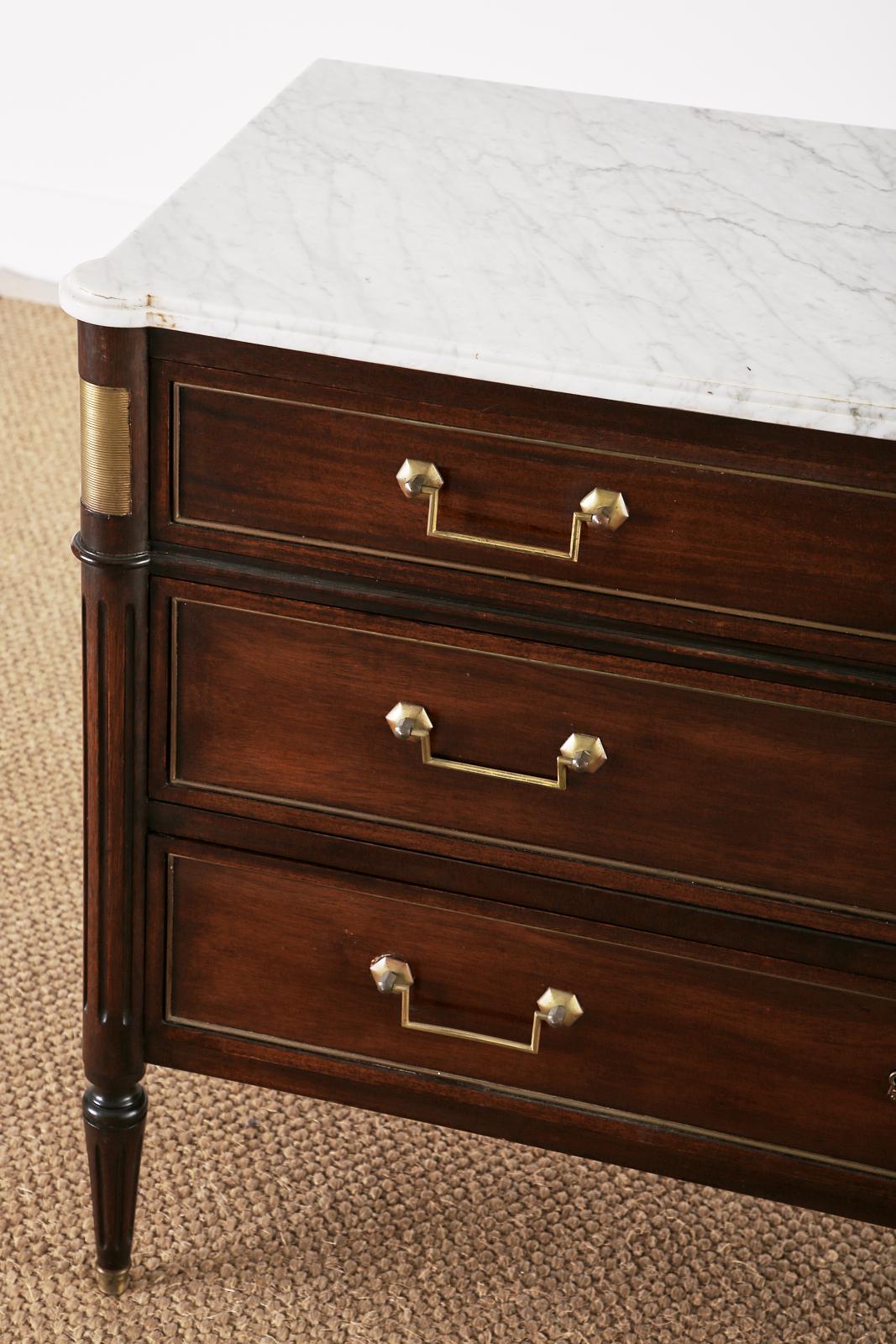 Pair of Louis XVI Style Marble Top Mahogany Commode Chests 1