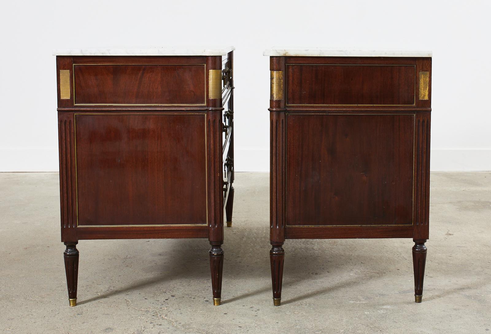 Pair of Louis XVI Style Marble Top Mahogany Commode Chests 2