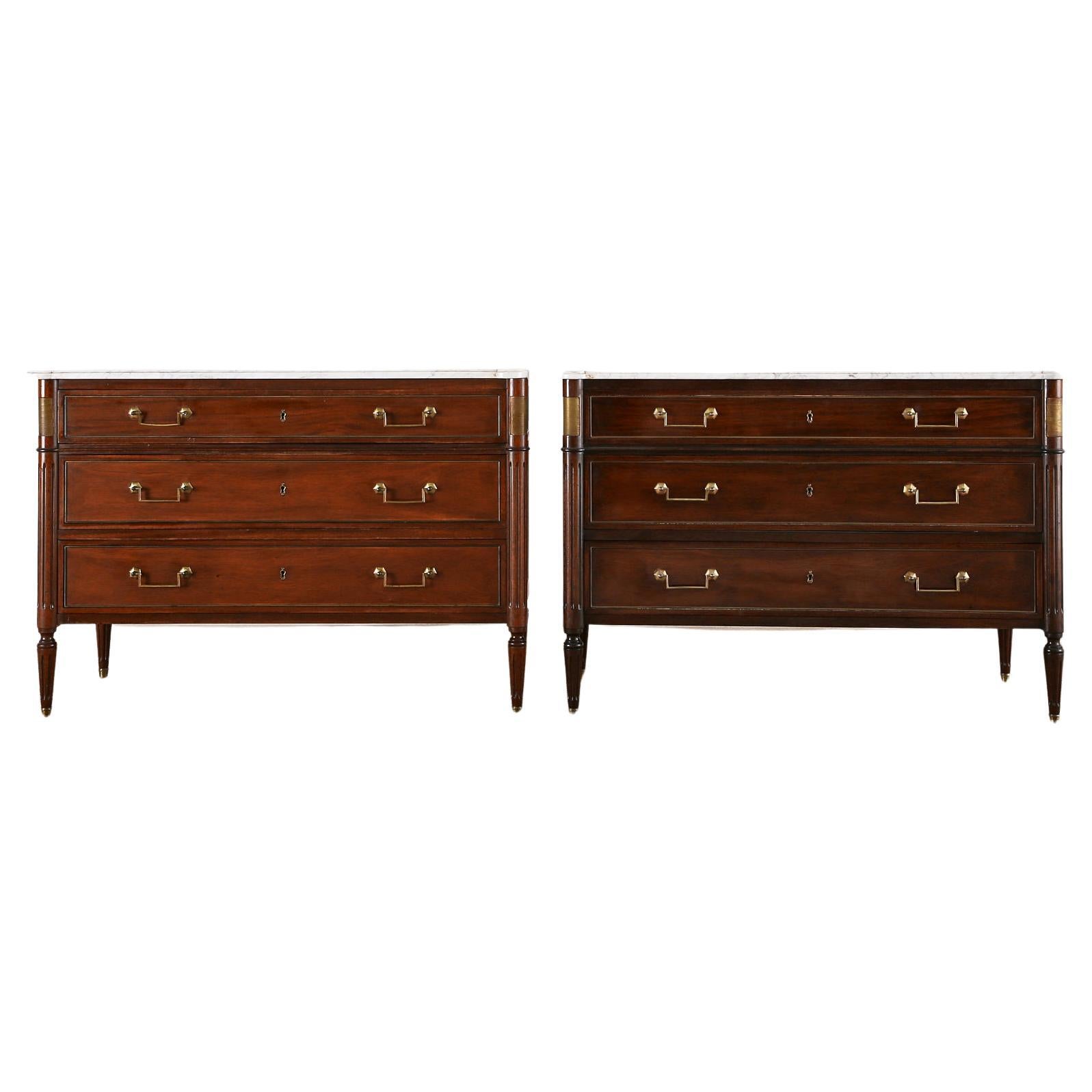 Pair of Louis XVI Style Marble Top Mahogany Commode Chests