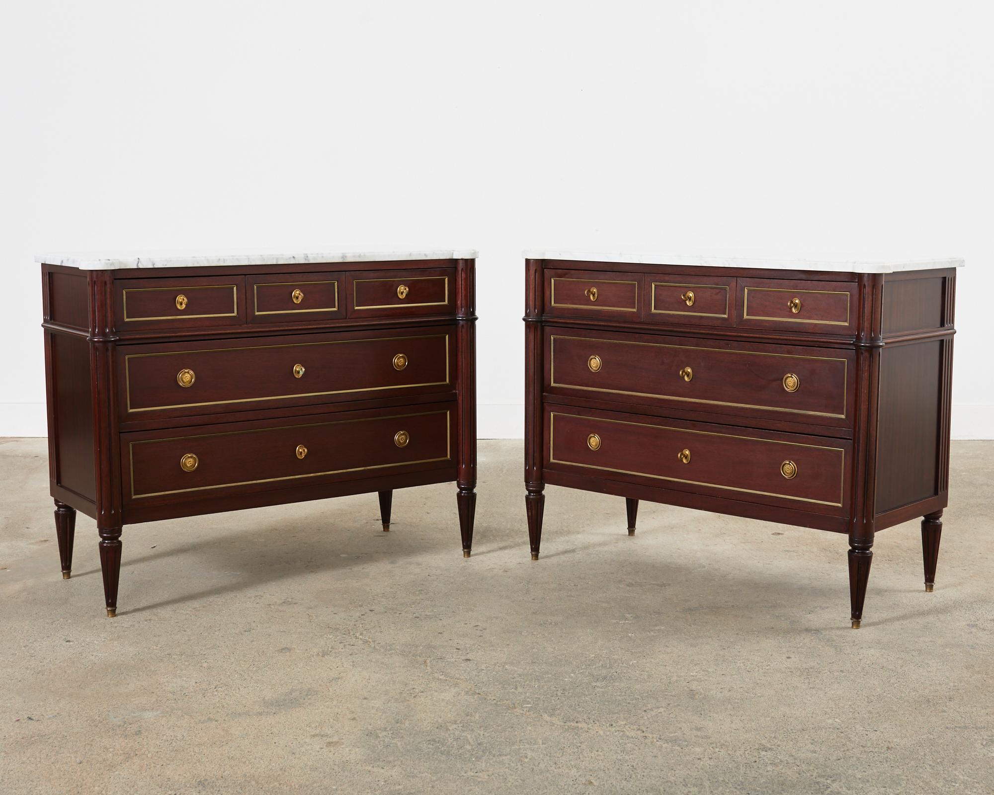 Pair of Louis XVI Style Marble Top Mahogany Commode Dressers For Sale 6