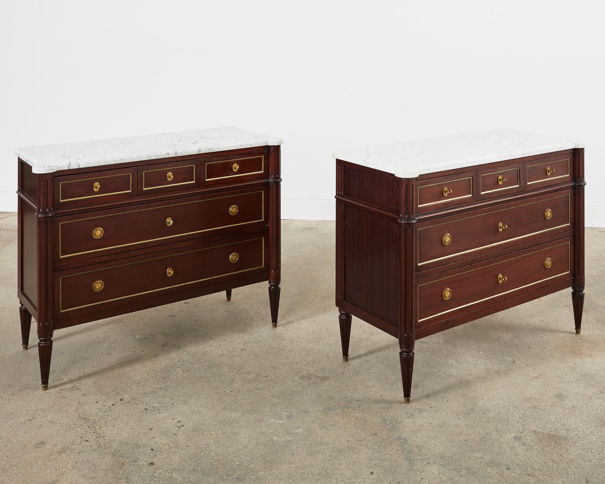 French Pair of Louis XVI Style Marble Top Mahogany Commode Dressers For Sale