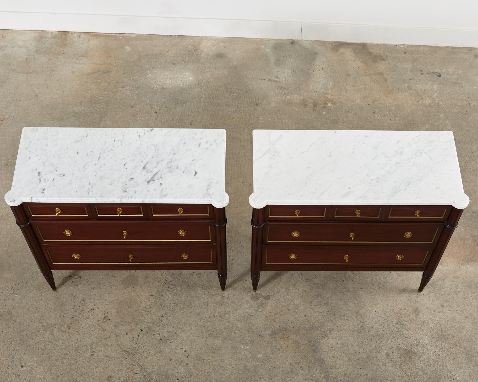 Hand-Crafted Pair of Louis XVI Style Marble Top Mahogany Commode Dressers For Sale