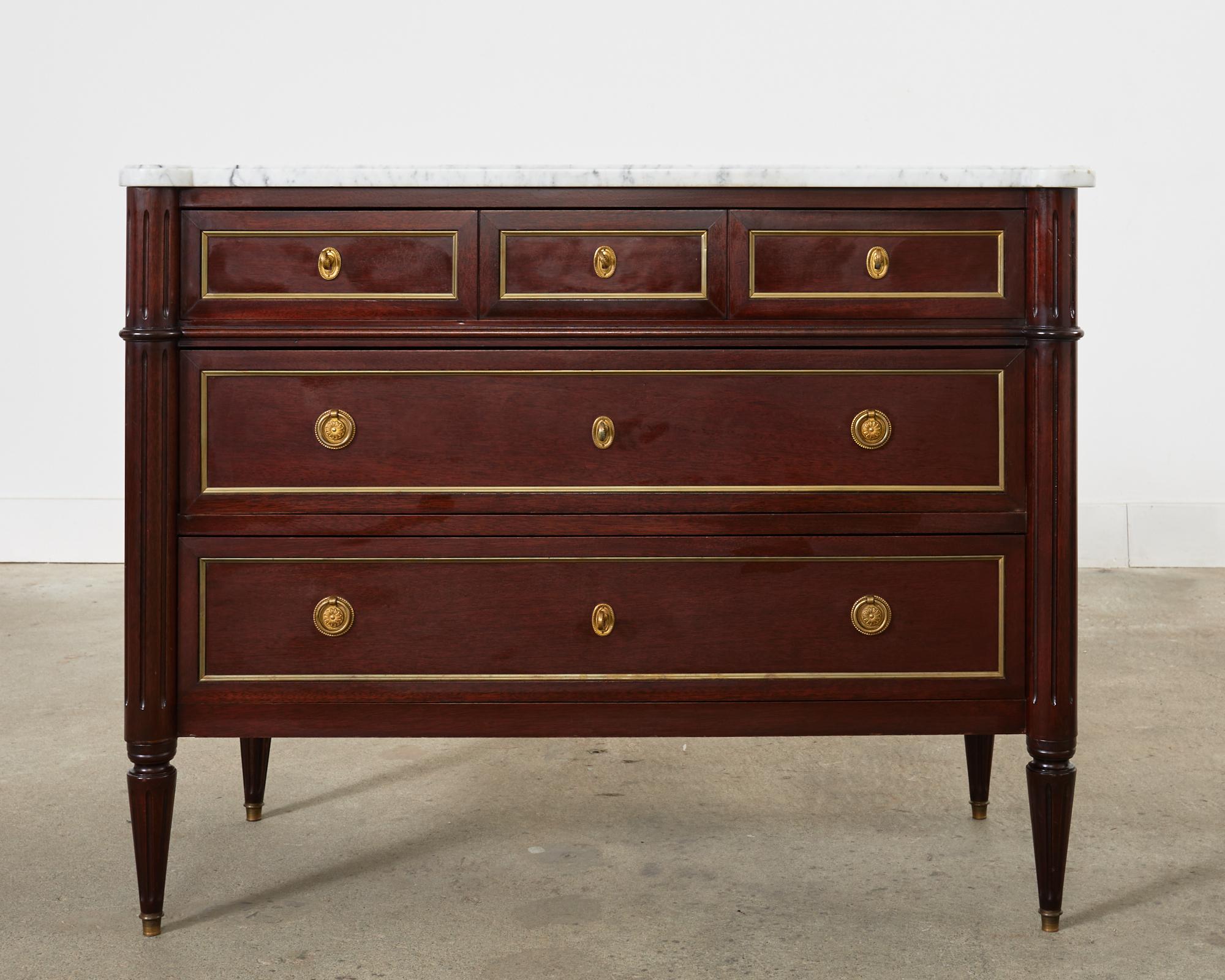 Pair of Louis XVI Style Marble Top Mahogany Commode Dressers In Good Condition For Sale In Rio Vista, CA