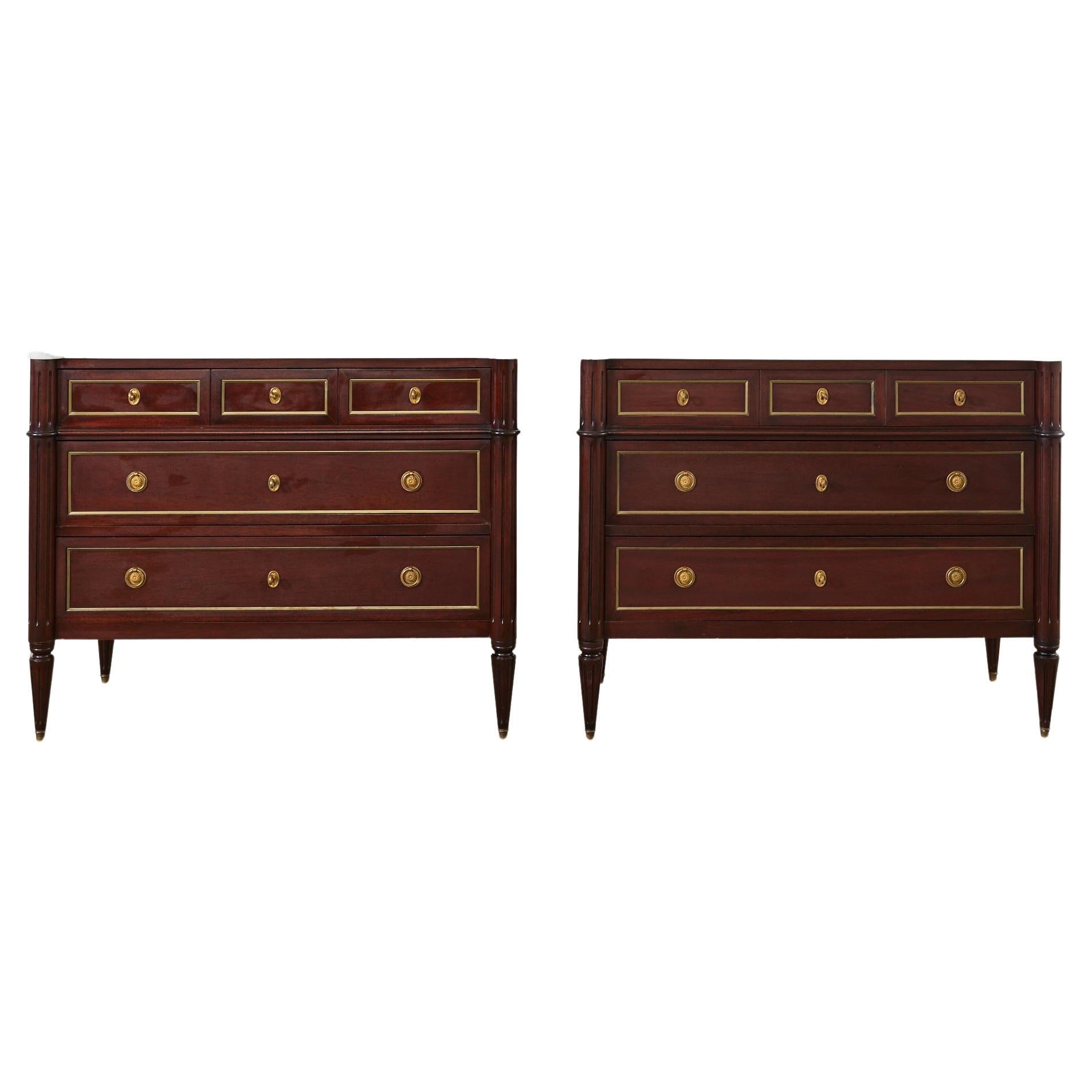 Pair of Louis XVI Style Marble Top Mahogany Commode Dressers For Sale