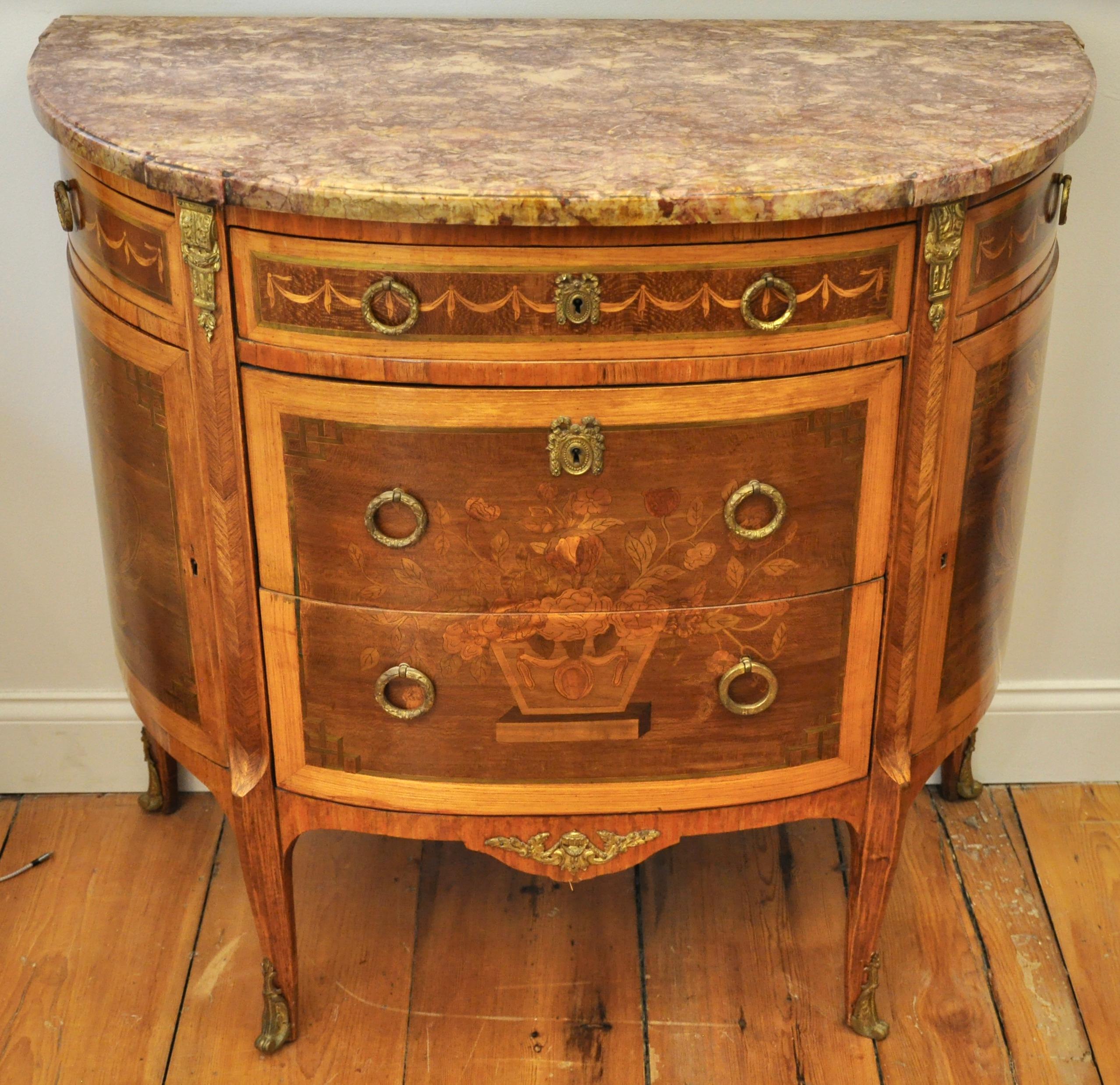 French Pair of Louis XVI Style Marble-Top Marquetry Inlaid Commodes For Sale