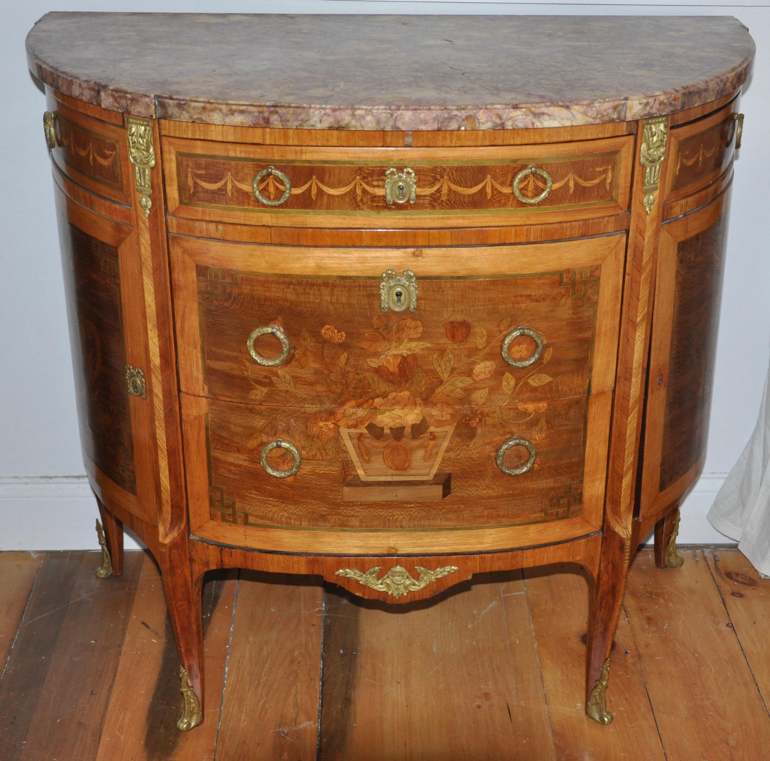 19th Century Pair of Louis XVI Style Marble-Top Marquetry Inlaid Commodes For Sale
