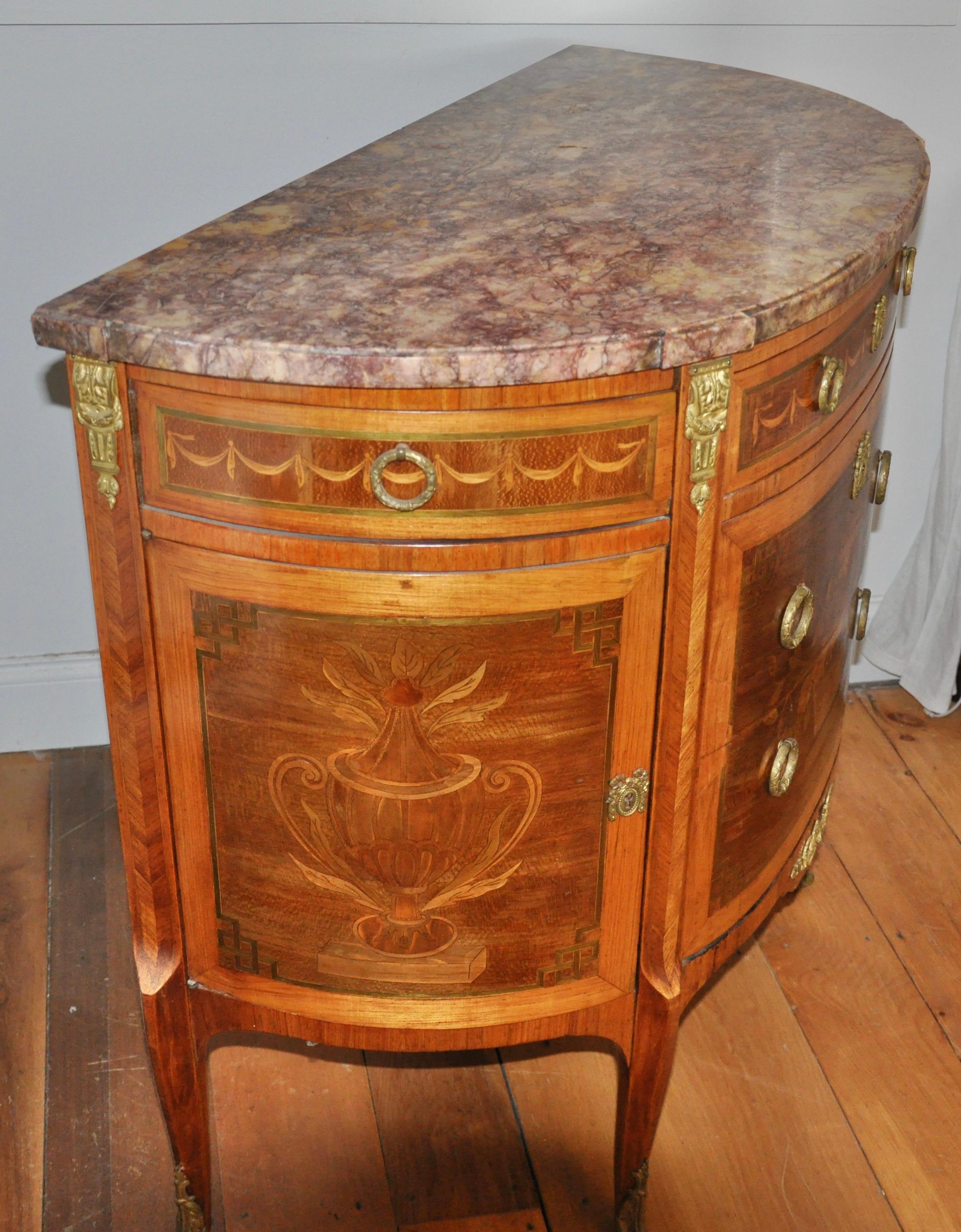 Kingwood Pair of Louis XVI Style Marble-Top Marquetry Inlaid Commodes For Sale