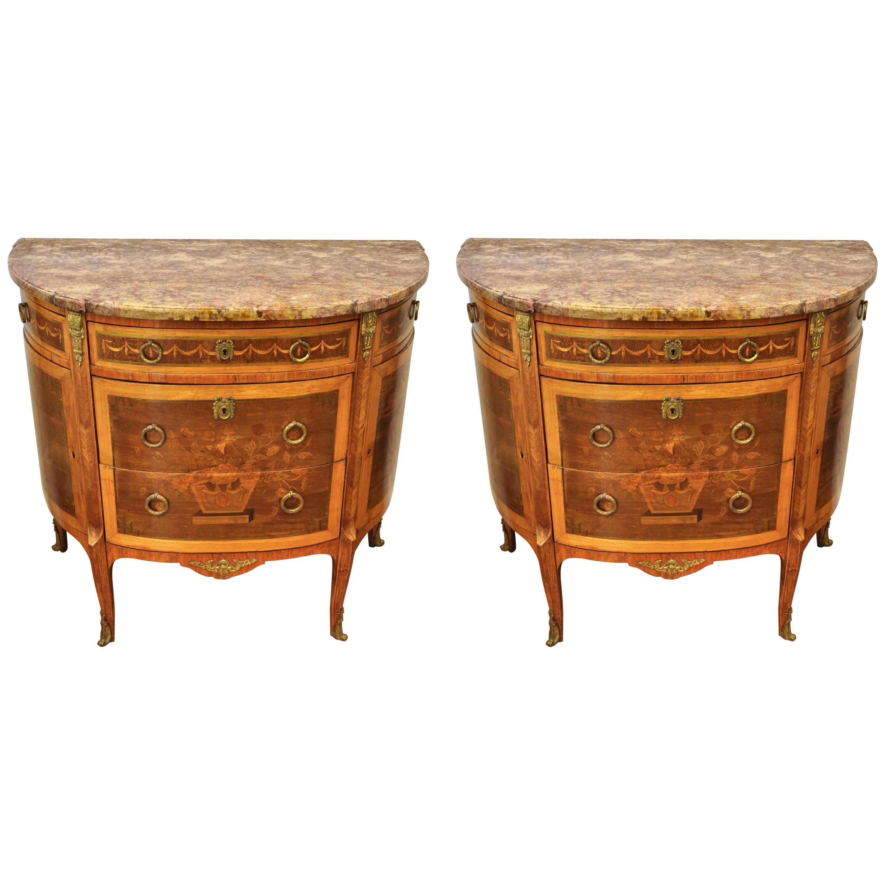 Pair of Louis XVI Style Marble-Top Marquetry Inlaid Commodes For Sale