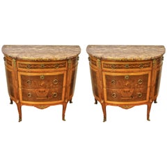 Antique Pair of Louis XVI Style Marble-Top Marquetry Inlaid Commodes