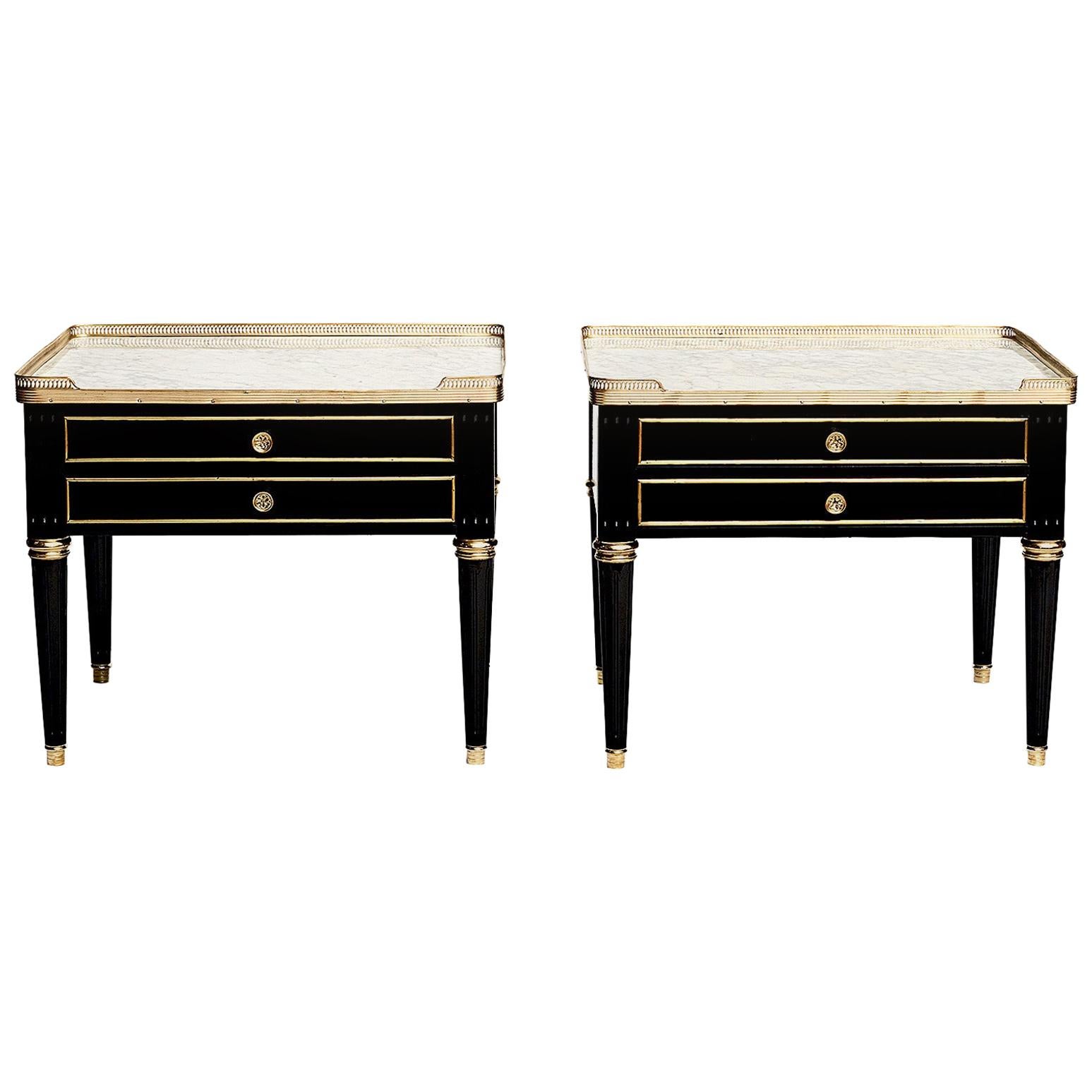 Pair of Louis XVI Style Marble-Topped Nightstands or Side Tables