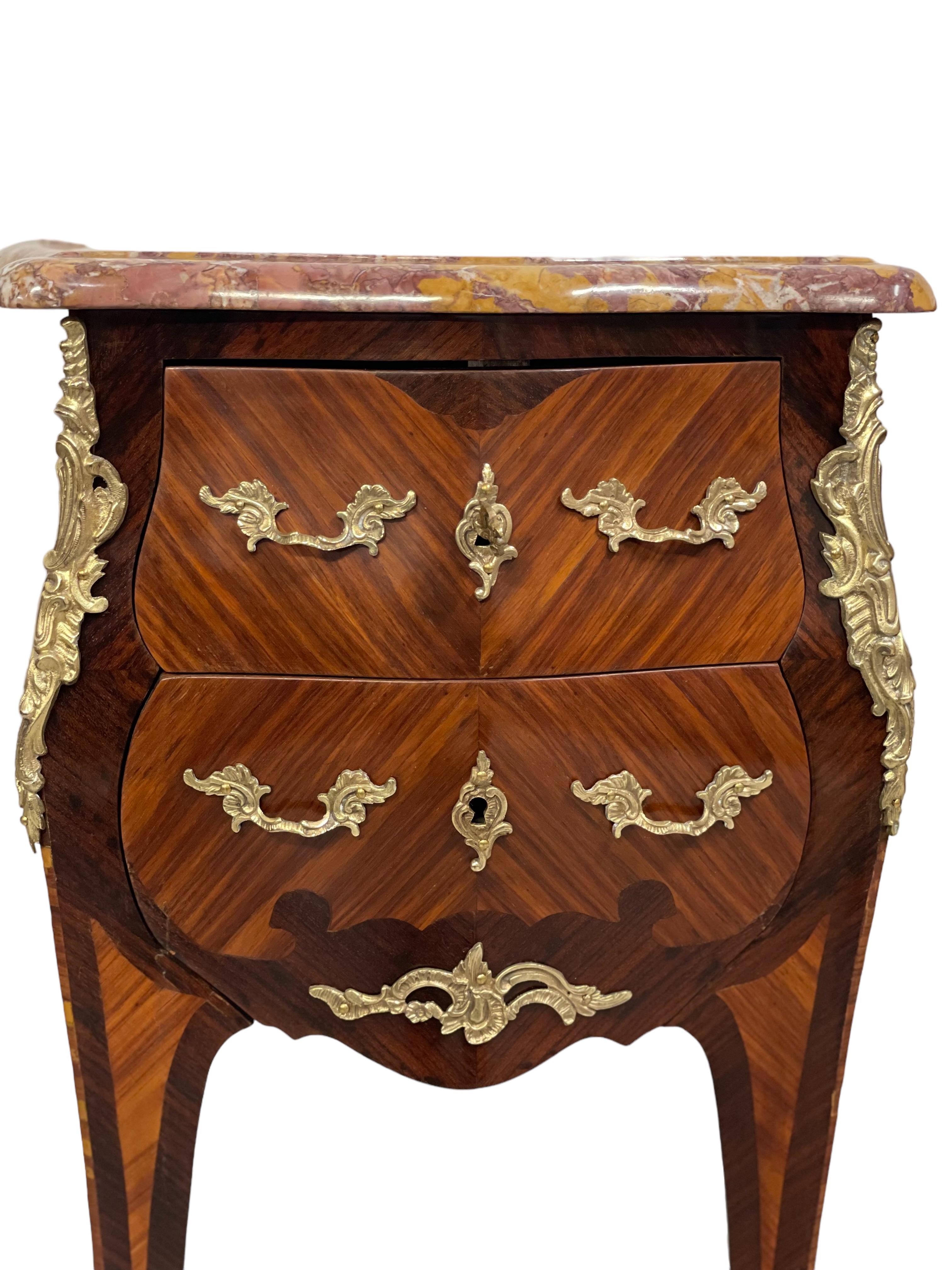 Marquetry 19th C. Pair of French Louis XV Style Petites Commodes with Marble Top