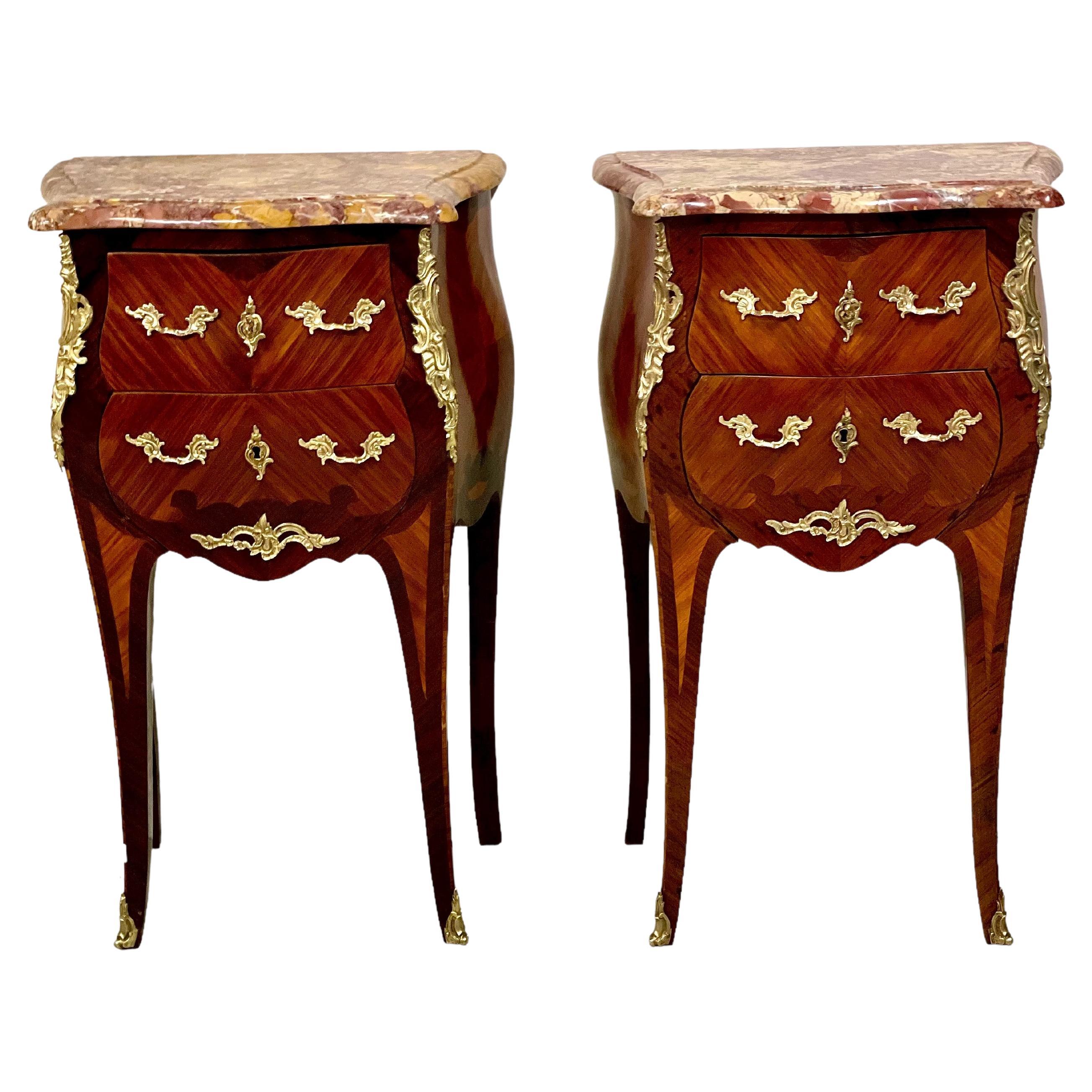 19th C. Pair of French Louis XV Style Petites Commodes with Marble Top