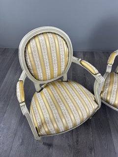 Pair of Louis XVI Style Medallion Armchairs with Matching Footstool