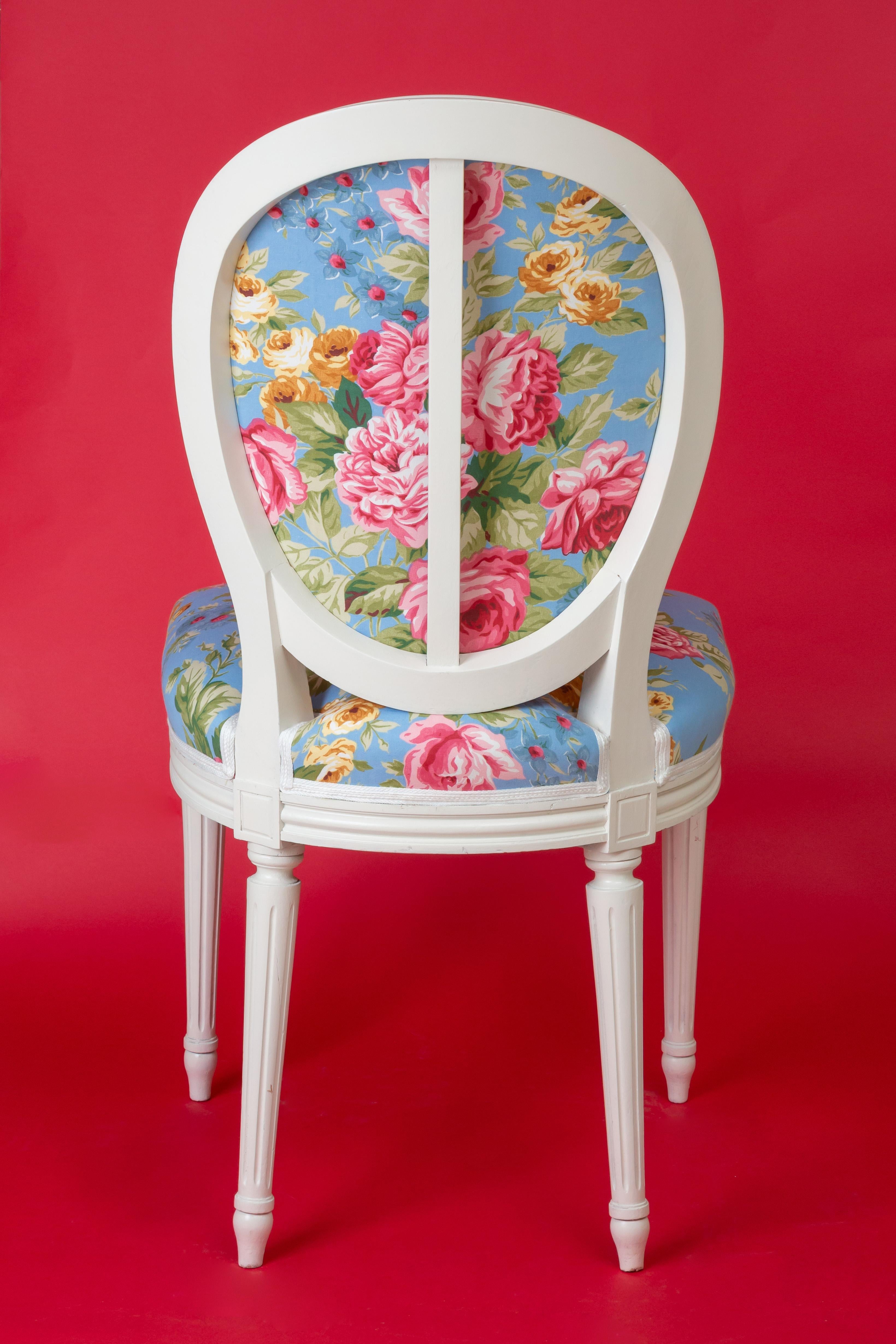 French Pair of Louis XVI Style Medallion Chairs, with Peony Flowers Pattern For Sale