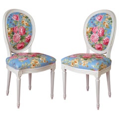 Pair of Louis XVI Style Medallion Chairs, with Peony Flowers Pattern