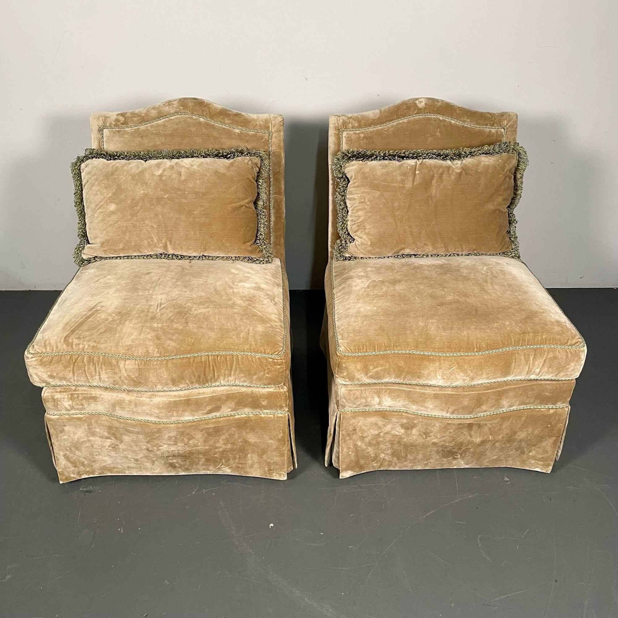 Neoclassical Pair of Louis XVI Style Mohair Slipper or Lounge Chairs, Traditional, Velvet For Sale
