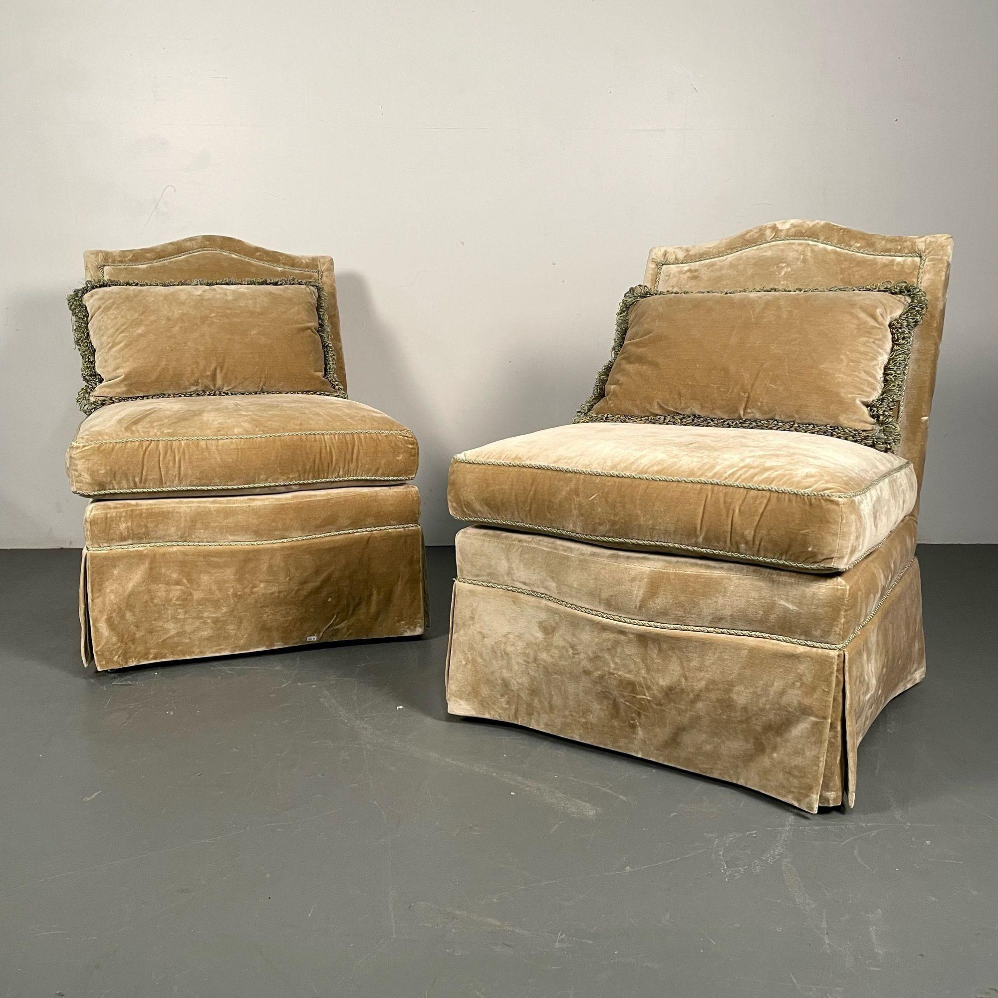 Pair of Louis XVI Style Mohair Slipper or Lounge Chairs, Traditional, Velvet For Sale 1