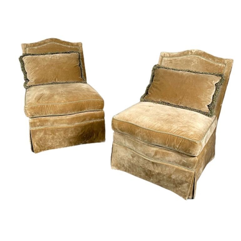 Pair of Louis XVI Style Mohair Slipper or Lounge Chairs, Traditional, Velvet For Sale