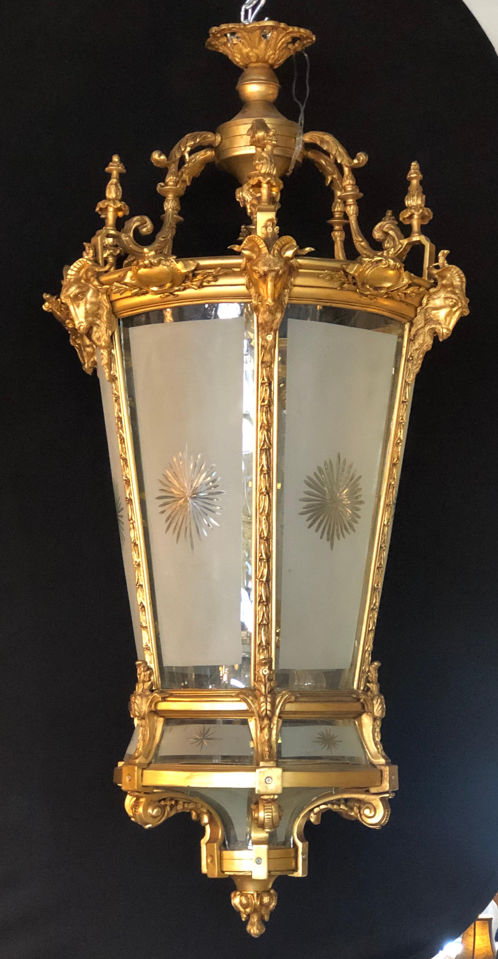 French Louis XVI Style, Large Hanging Lanterns, Dore Bronze, Etched Glass, Rams Motif For Sale
