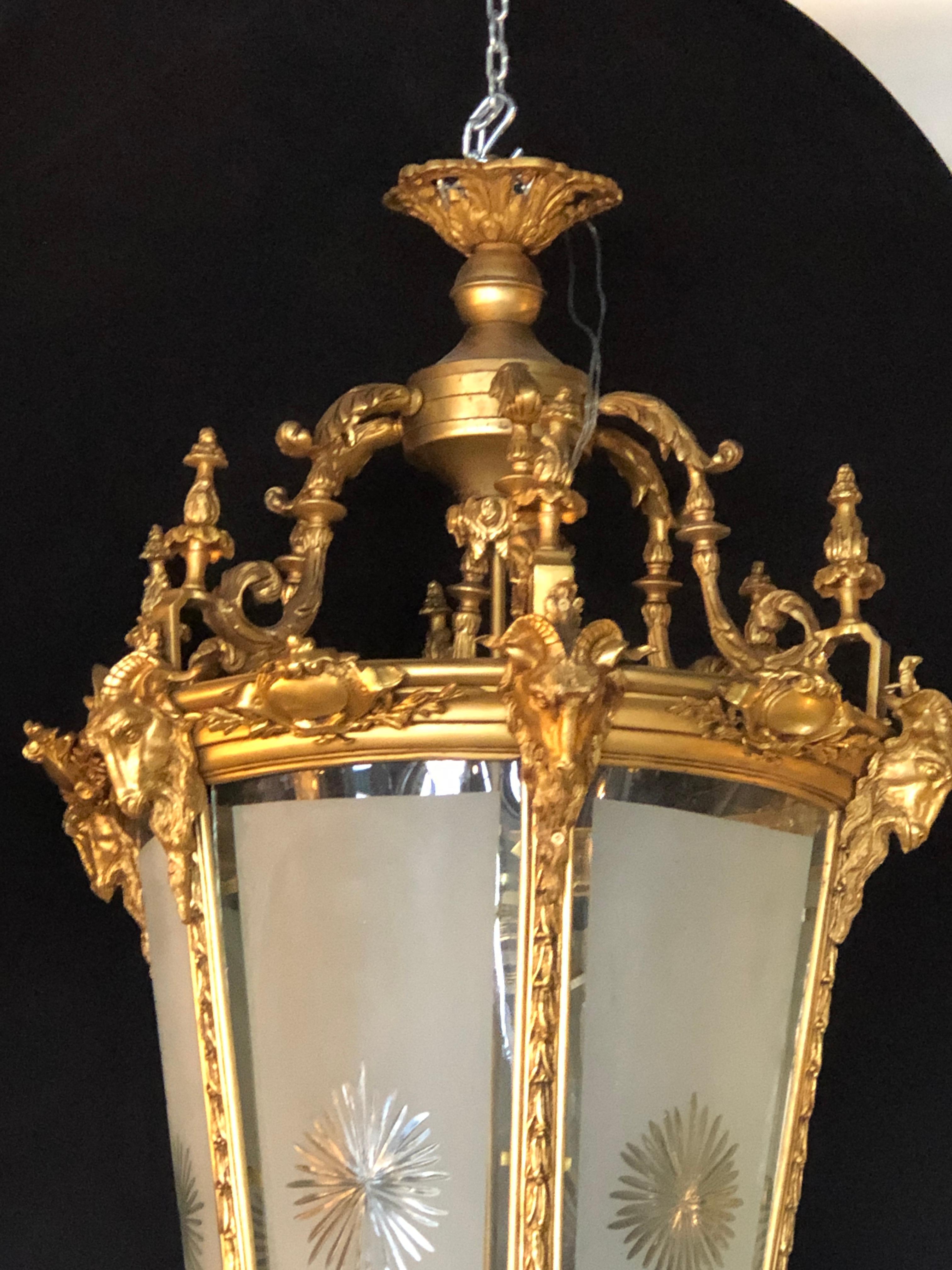 20th Century Louis XVI Style, Large Hanging Lanterns, Dore Bronze, Etched Glass, Rams Motif For Sale