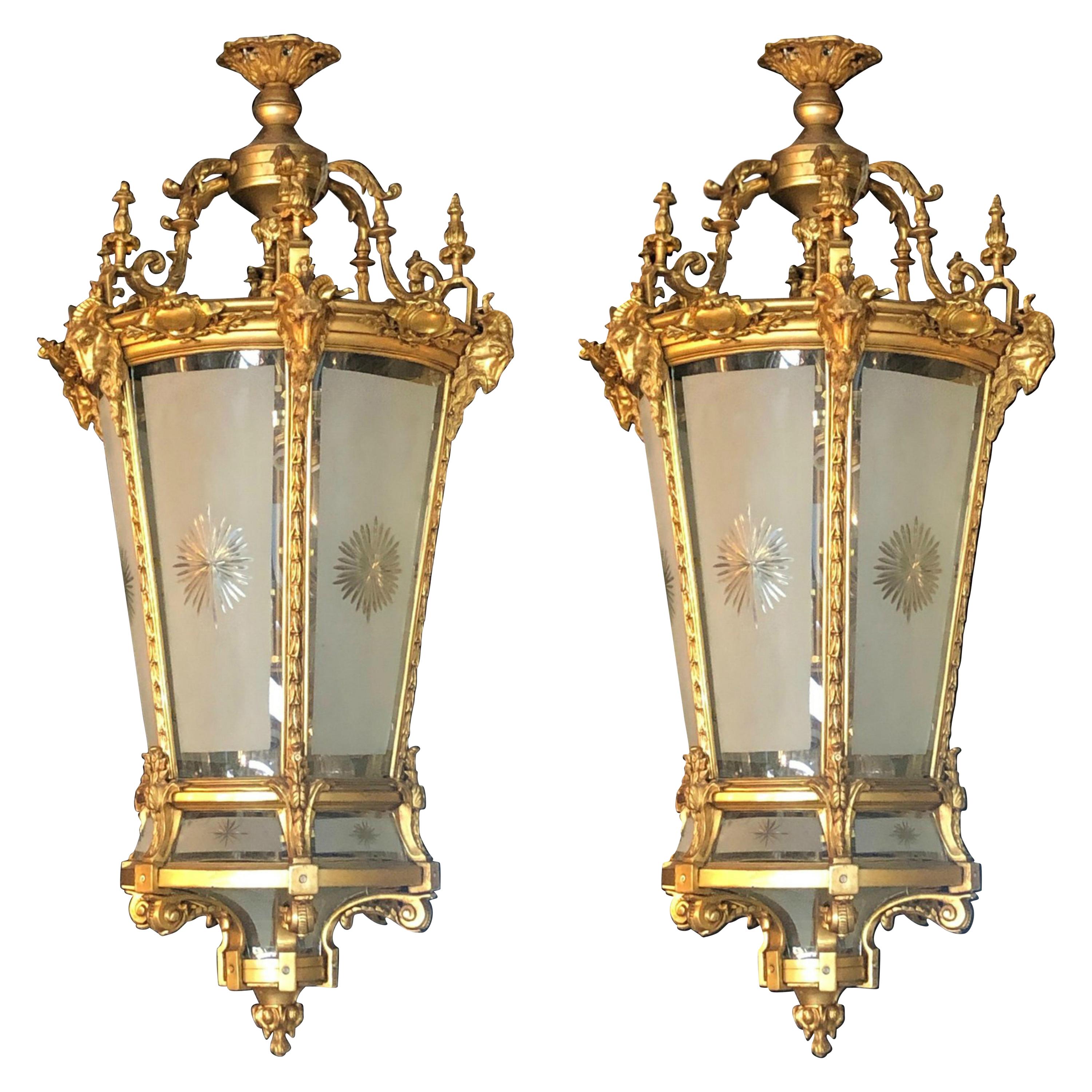 Louis XVI Style, Large Hanging Lanterns, Dore Bronze, Etched Glass, Rams Motif For Sale