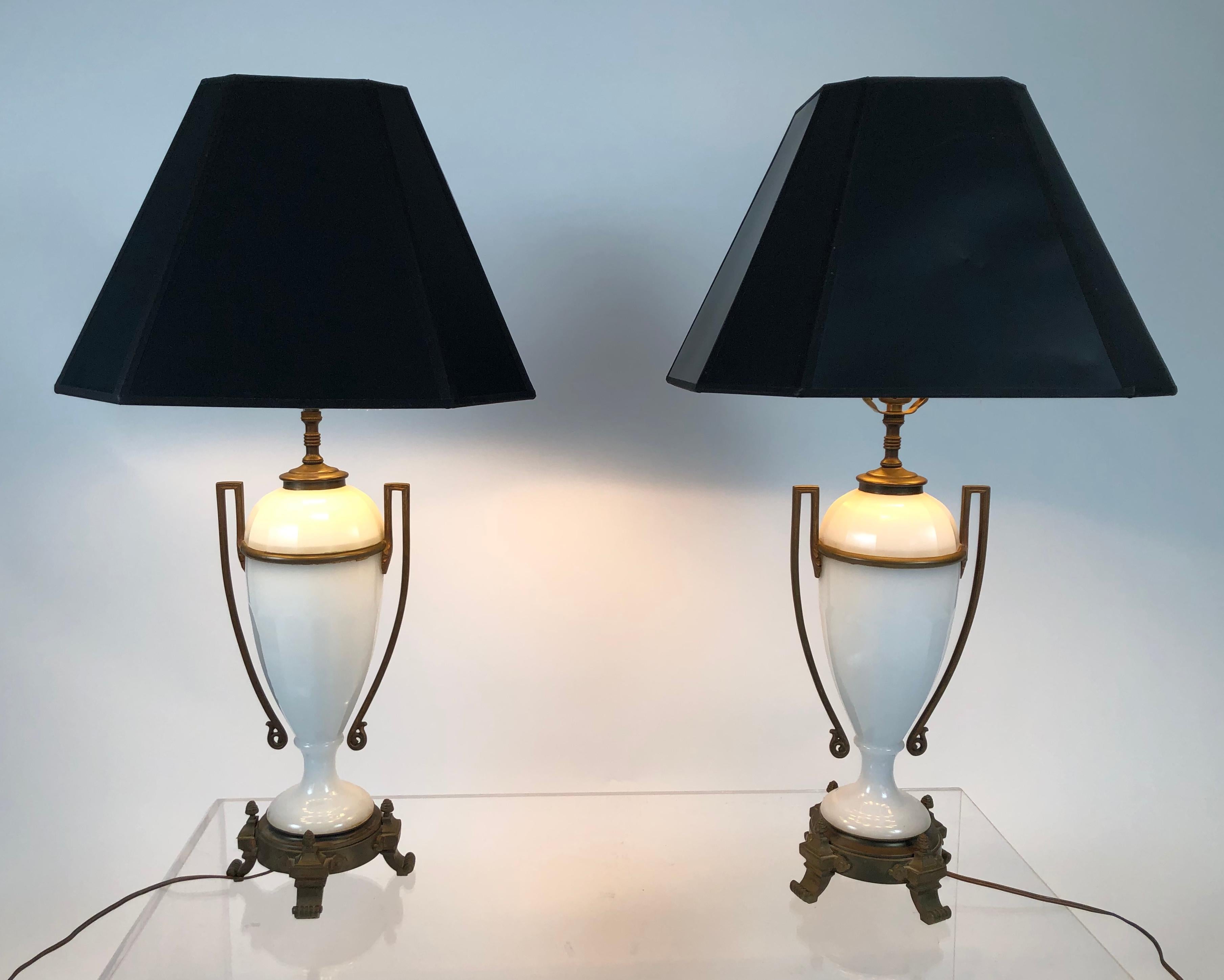 Early 20th Century Pair of Louis XVI Style Neoclassical White Opaline Glass and Ormolu Lamps