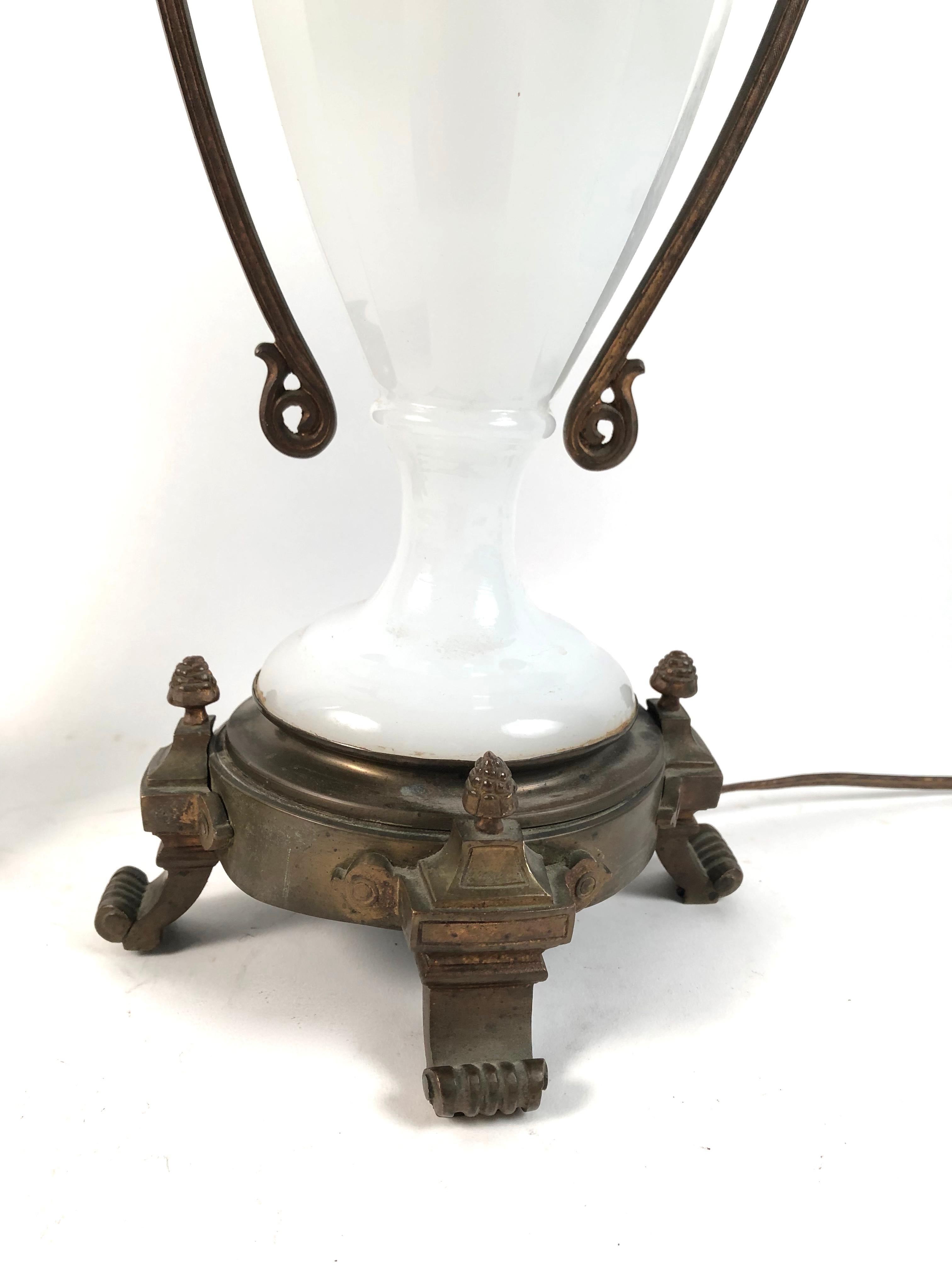 Pair of Louis XVI Style Neoclassical White Opaline Glass and Ormolu Lamps 3