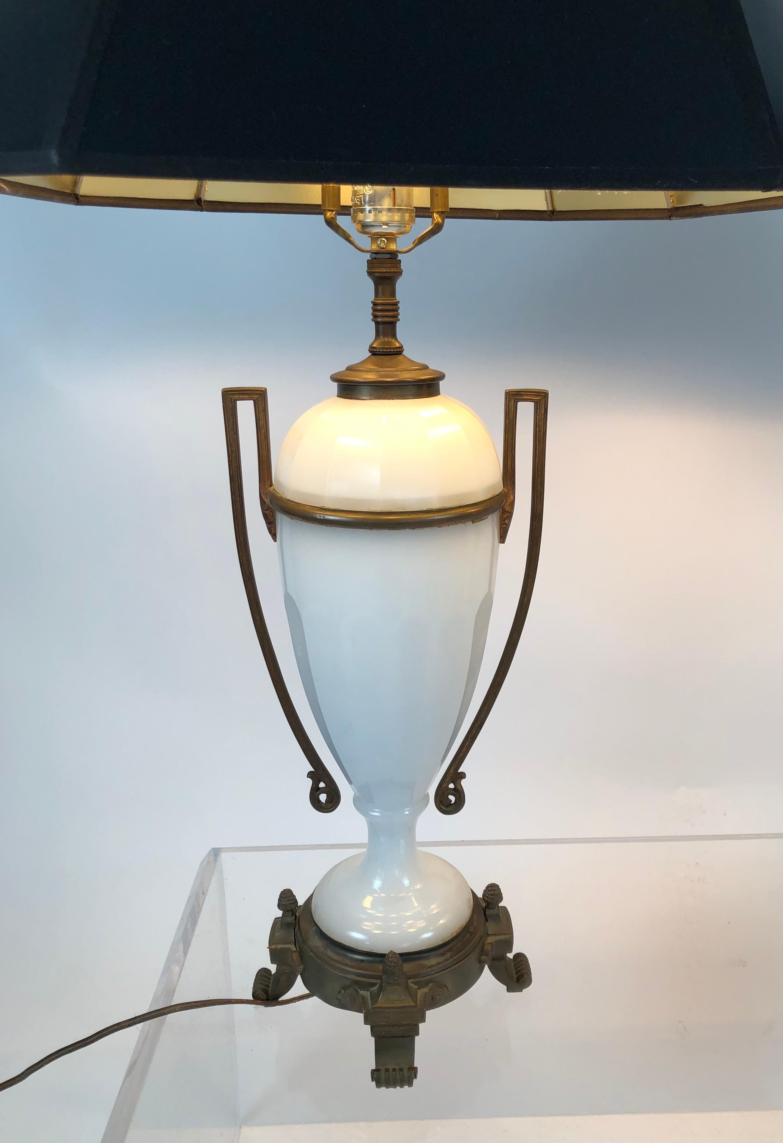 Pair of Louis XVI Style Neoclassical White Opaline Glass and Ormolu Lamps In Good Condition In Essex, MA