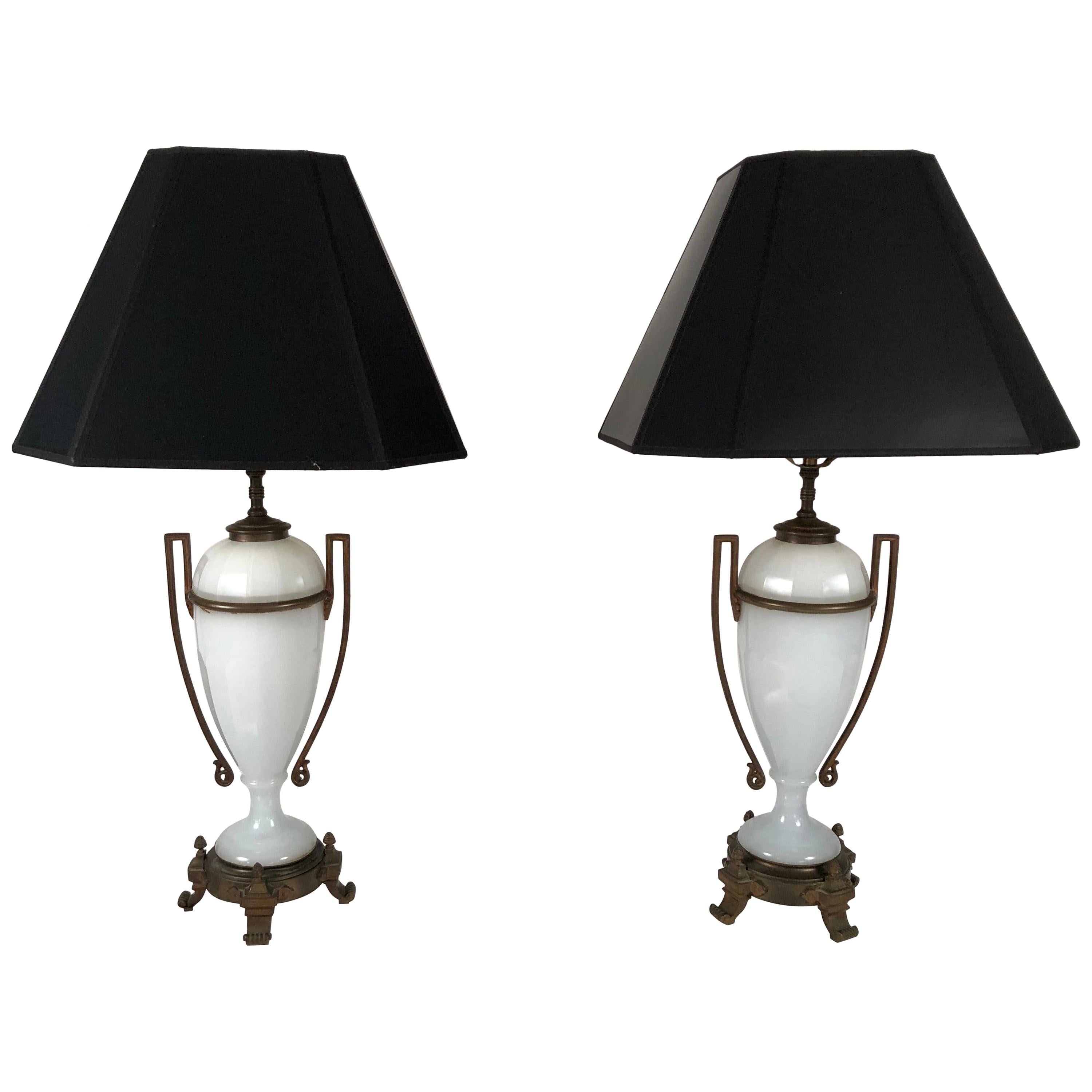 Pair of Louis XVI Style Neoclassical White Opaline Glass and Ormolu Lamps