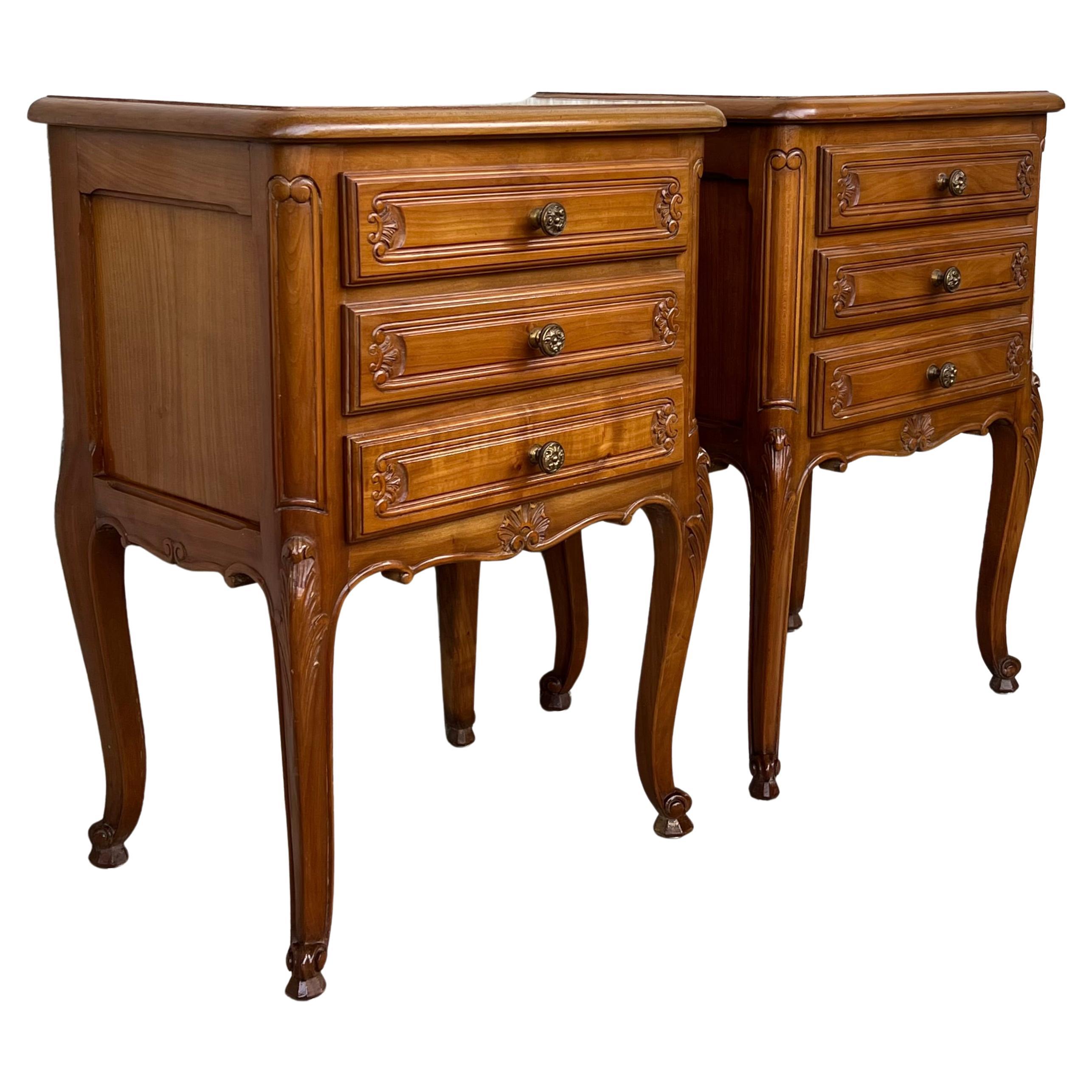 Pair of Louis XVI Style Nightstands with Three Drawers and Cabriole Legs For Sale