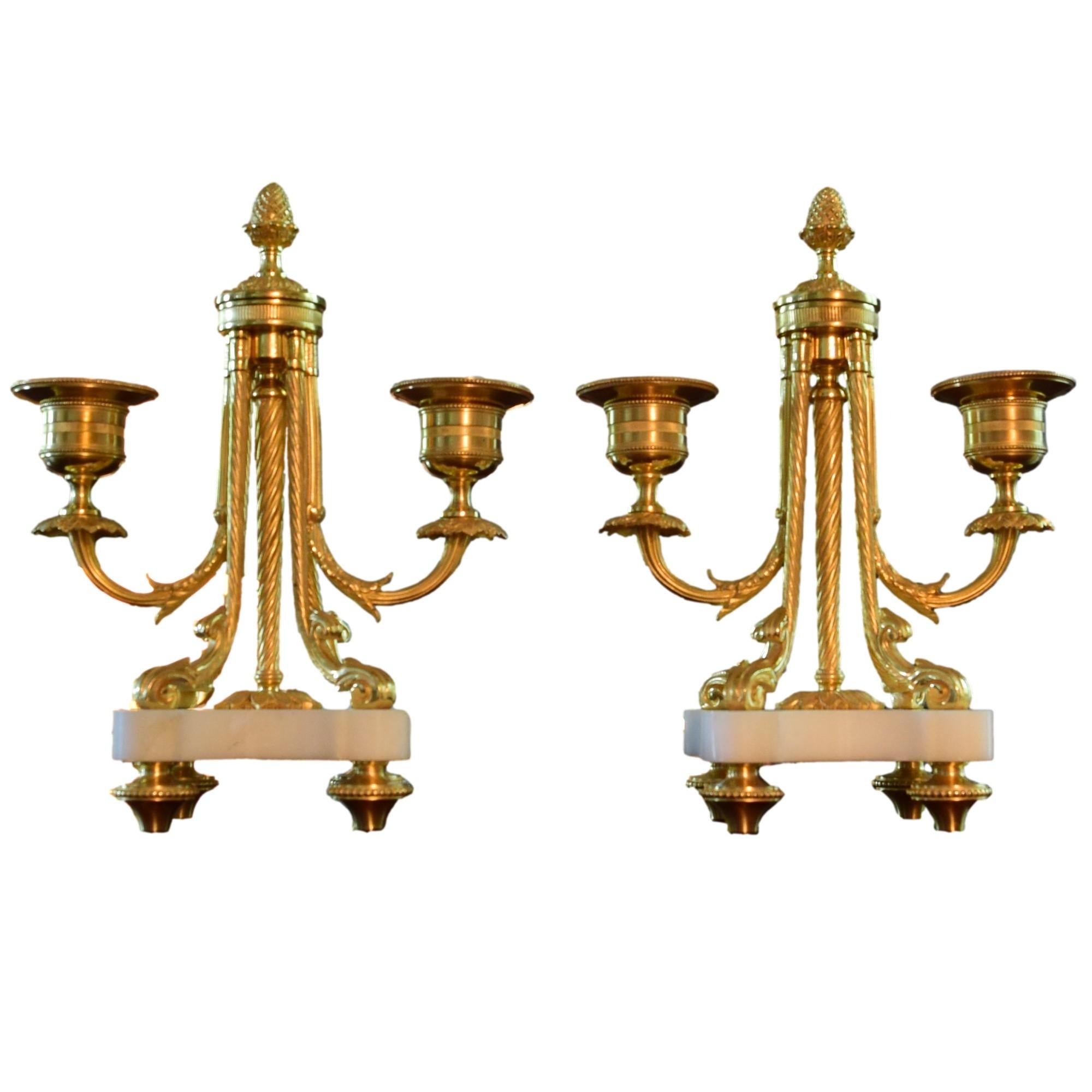 French Pair of Louis XVI Style Ormolu and White Marble Two Lights Candlesticks