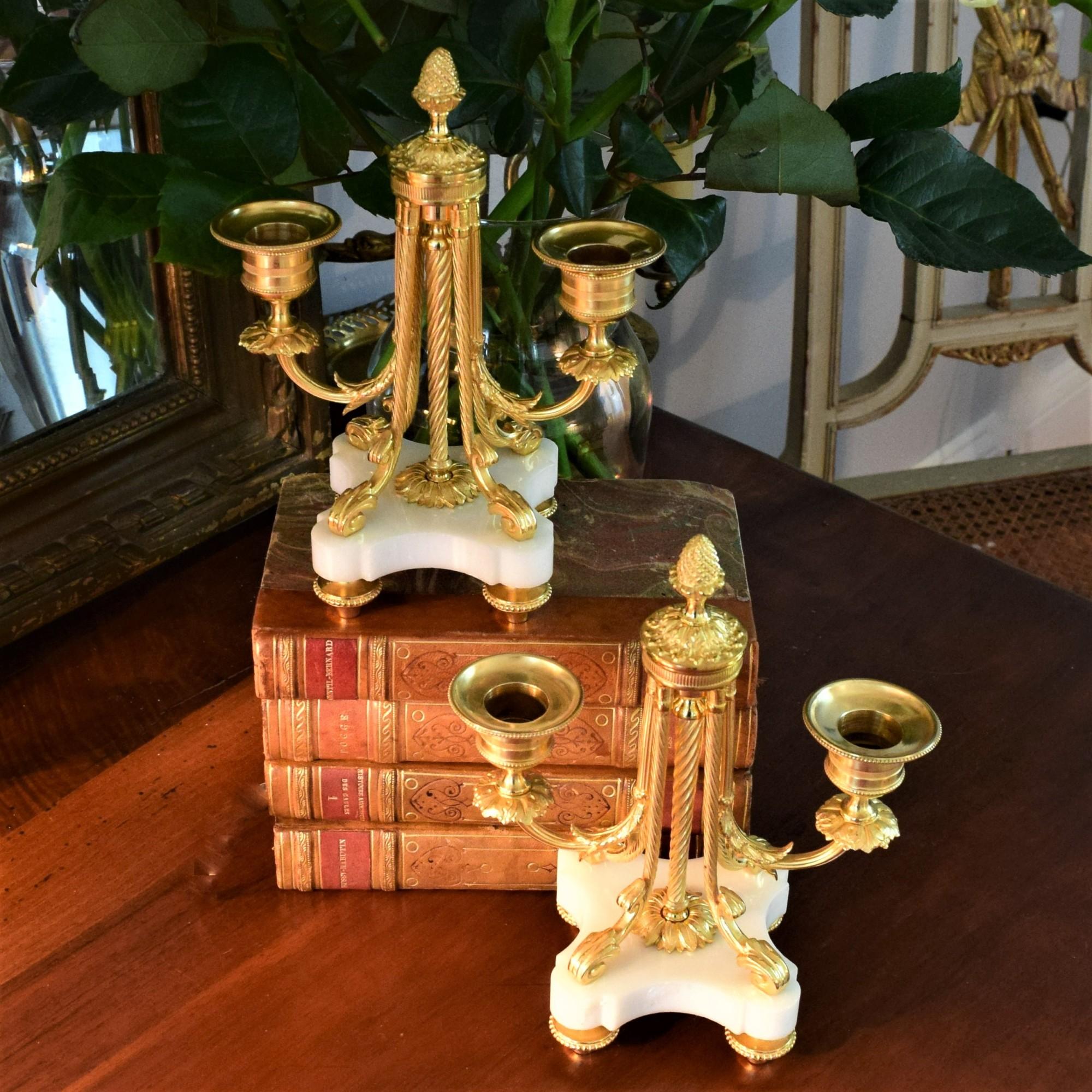 Pair of Louis XVI Style Ormolu and White Marble Two Lights Candlesticks In Good Condition In Wilmington, DE