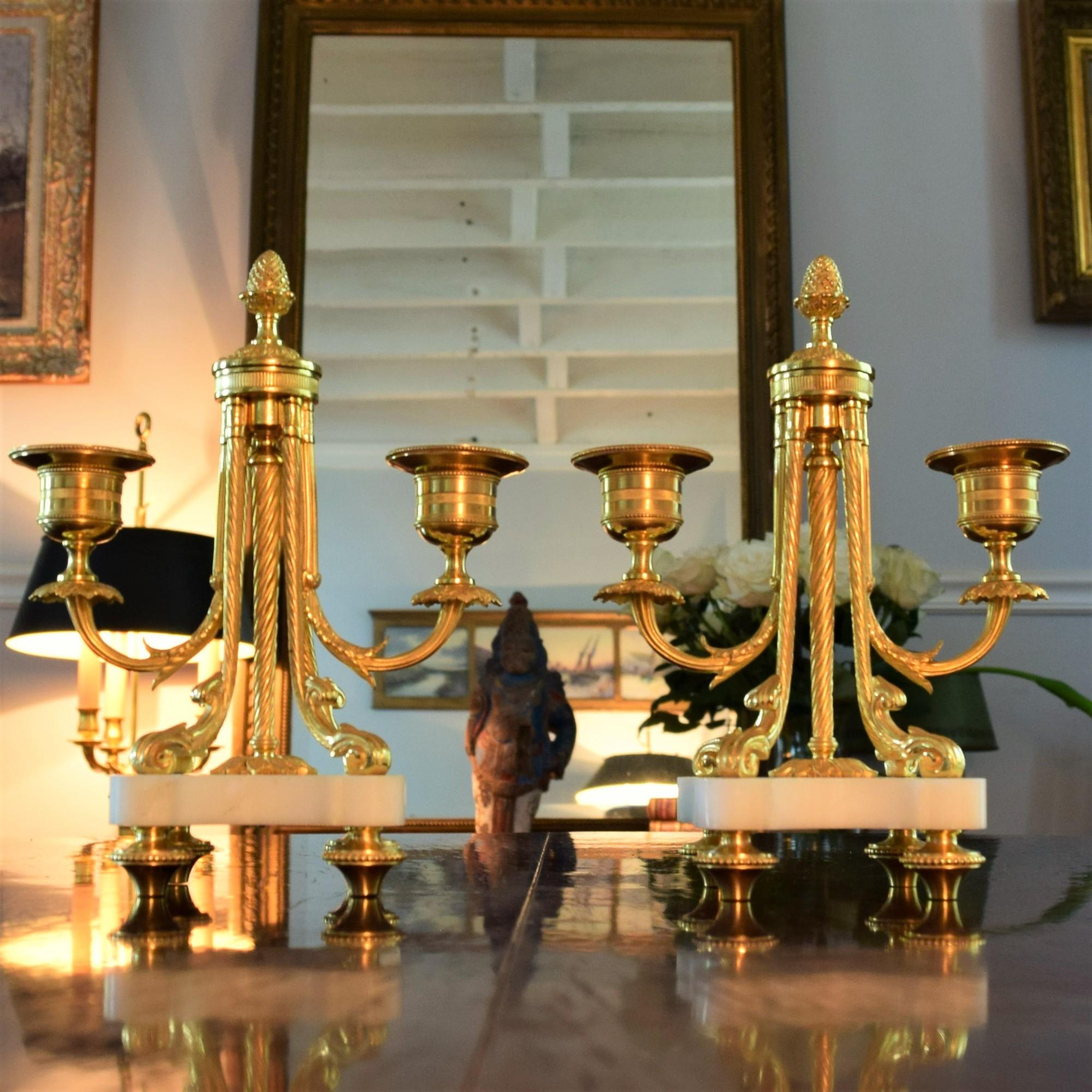 19th Century Pair of Louis XVI Style Ormolu and White Marble Two Lights Candlesticks