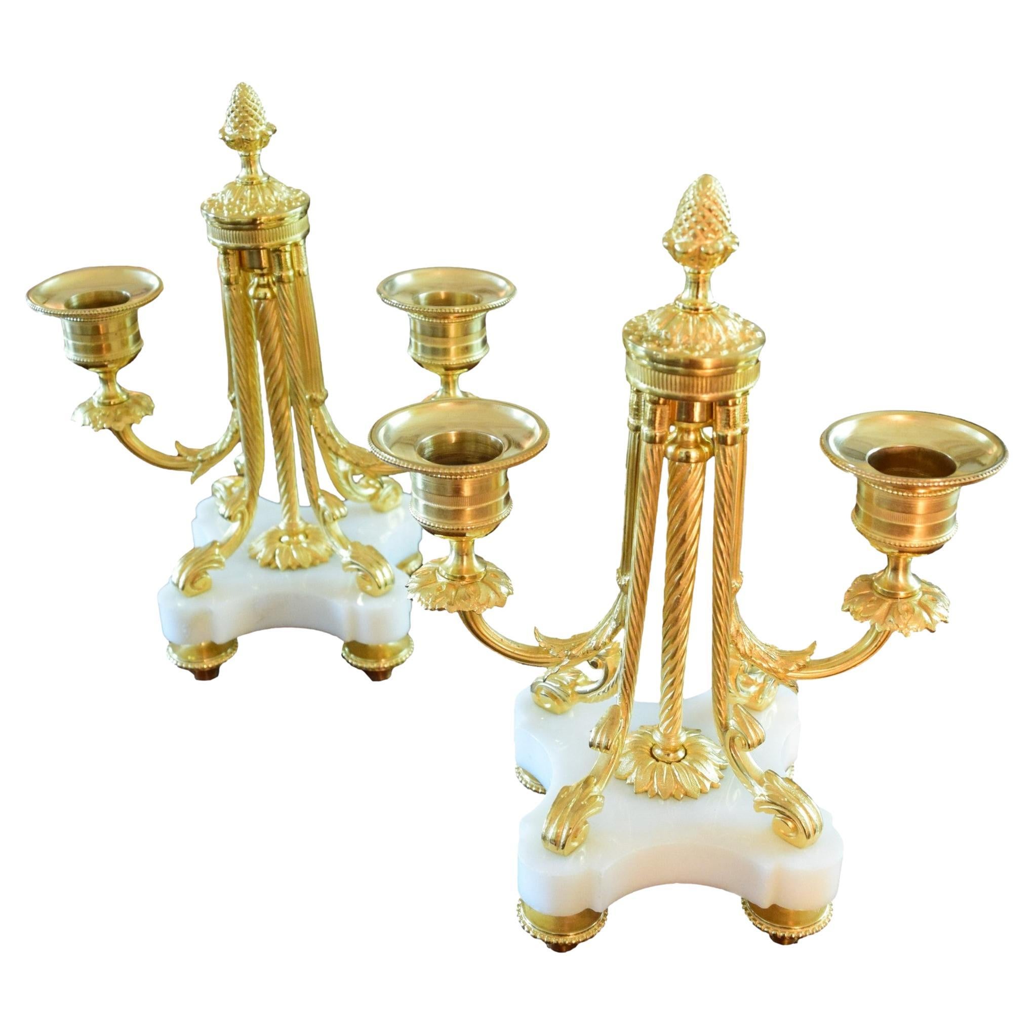 Pair of Louis XVI Style Ormolu and White Marble Two Lights Candlesticks