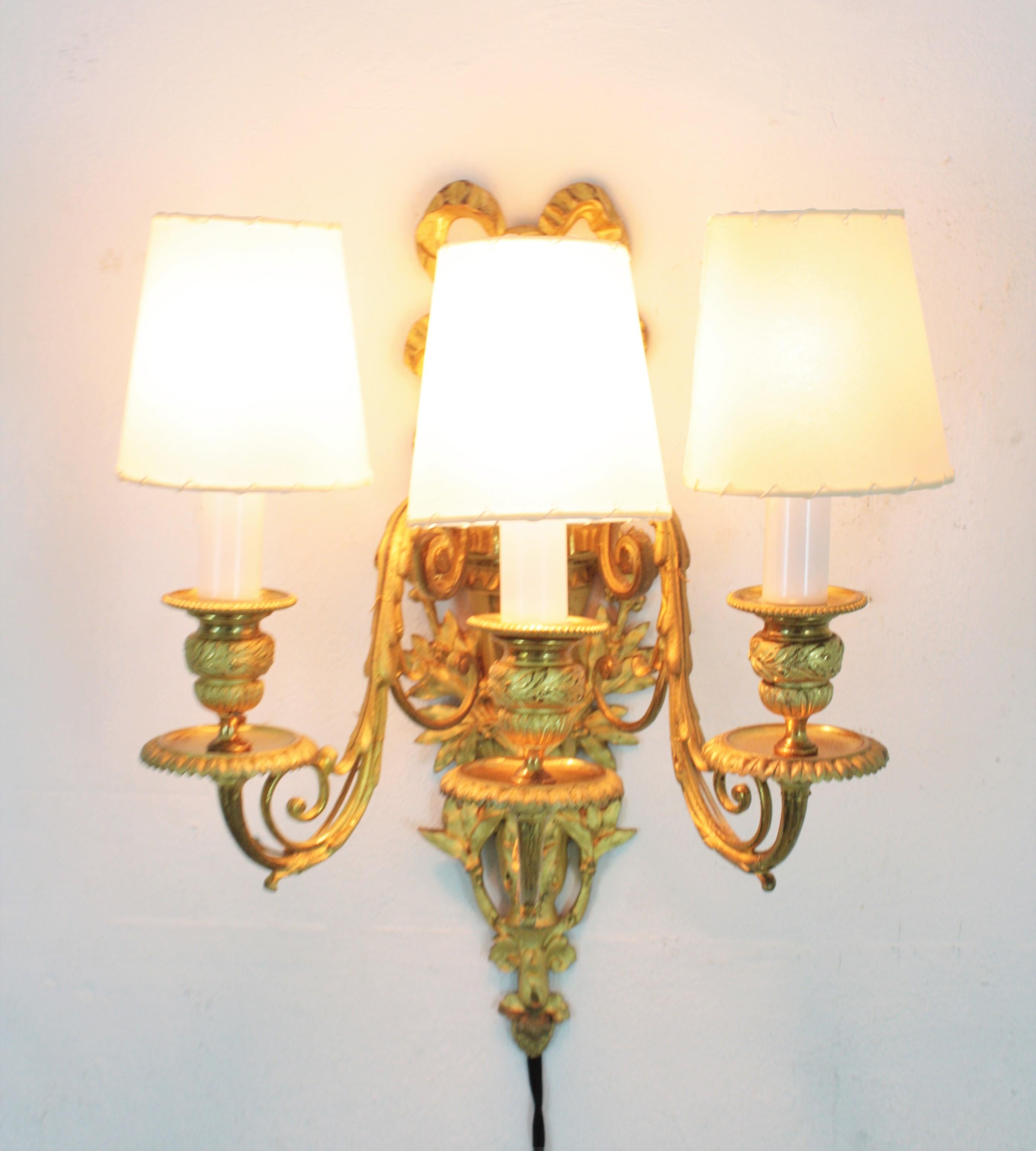 Pair of French Louis XVI Style Sconces in Ormolu For Sale 6