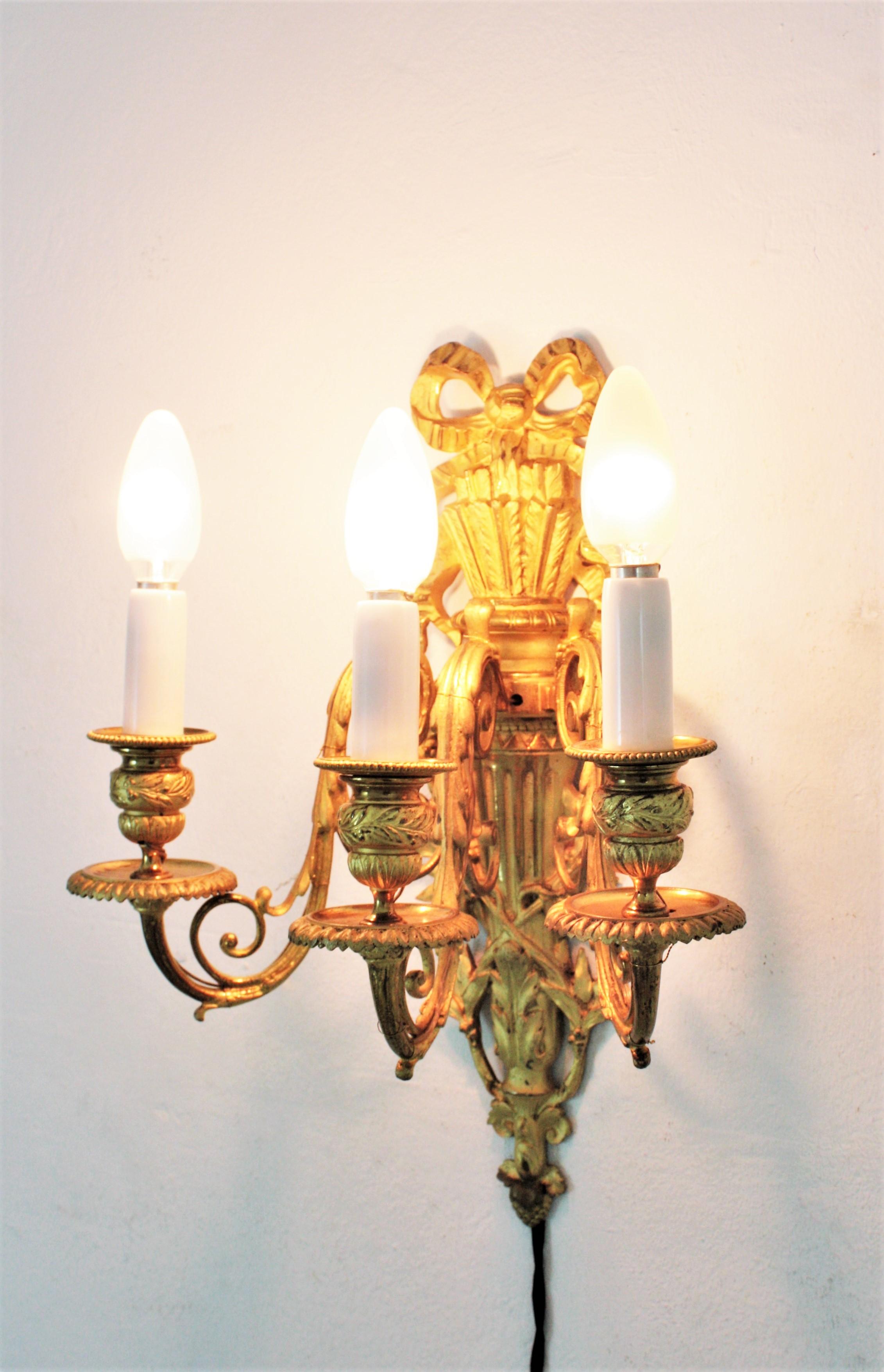 Pair of French Louis XVI Style Sconces in Ormolu For Sale 8