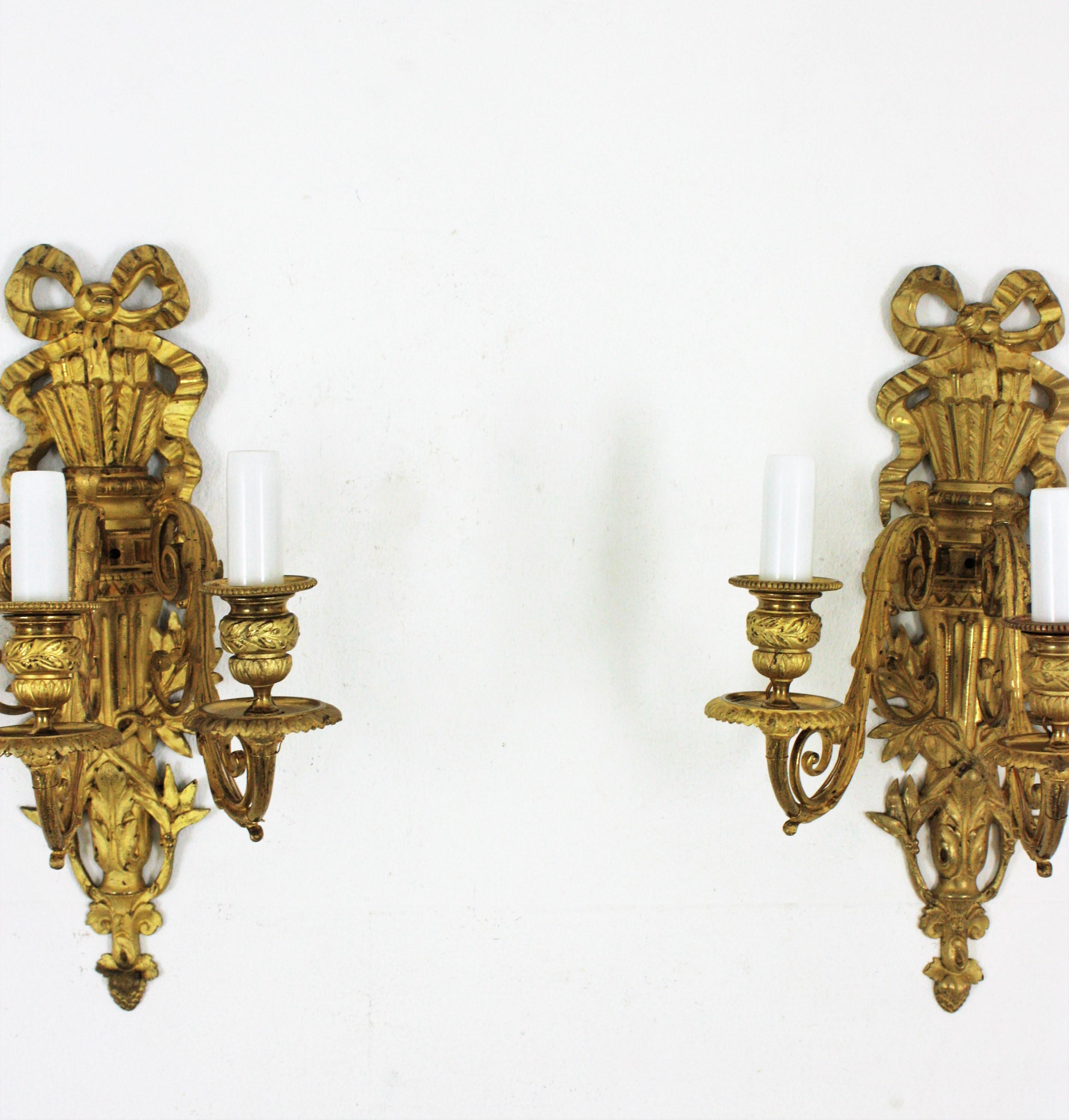 Pair of French Louis XVI Style Sconces in Ormolu For Sale 9