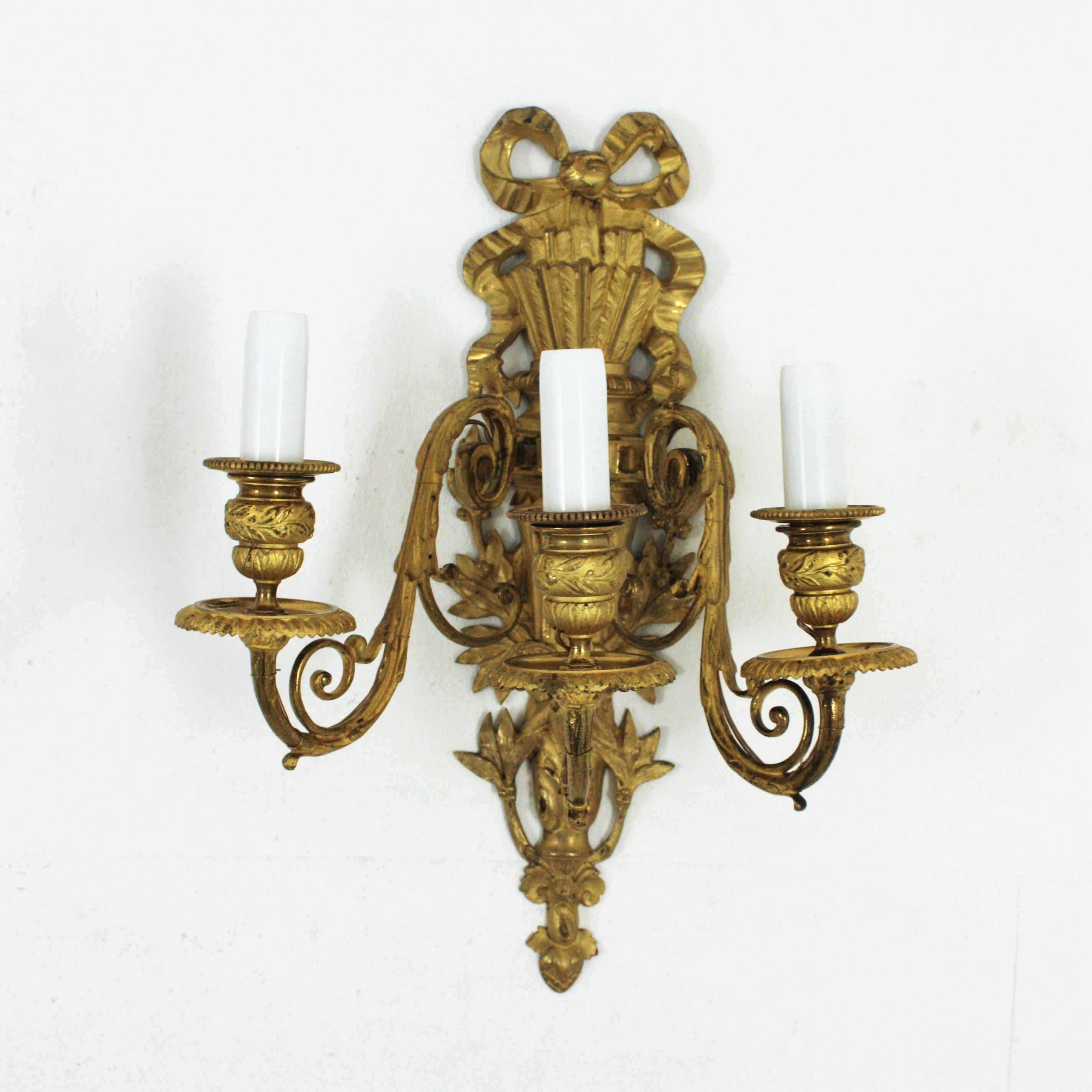 Pair of French Louis XVI Style Sconces in Ormolu For Sale 10