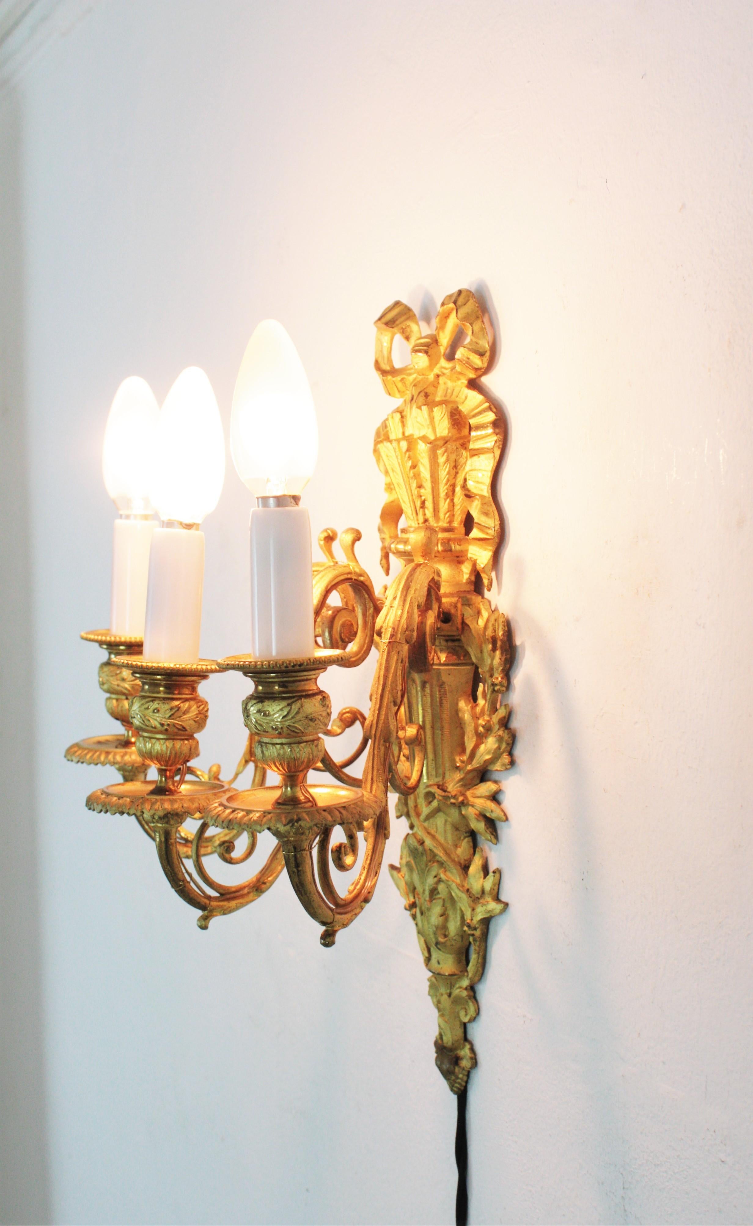 Pair of French Louis XVI Style Sconces in Ormolu For Sale 11
