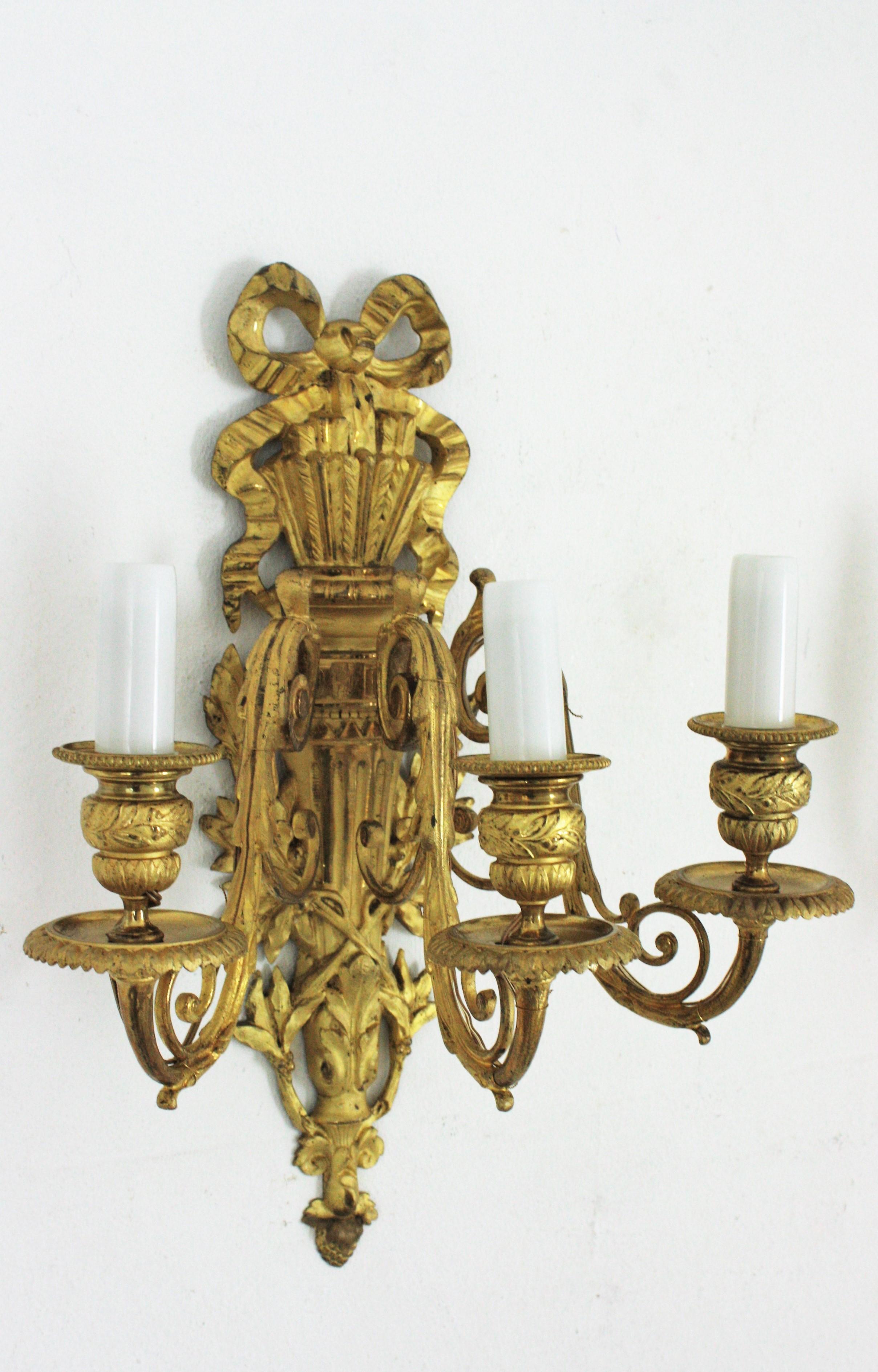 Pair of French Louis XVI Style Sconces in Ormolu For Sale 12