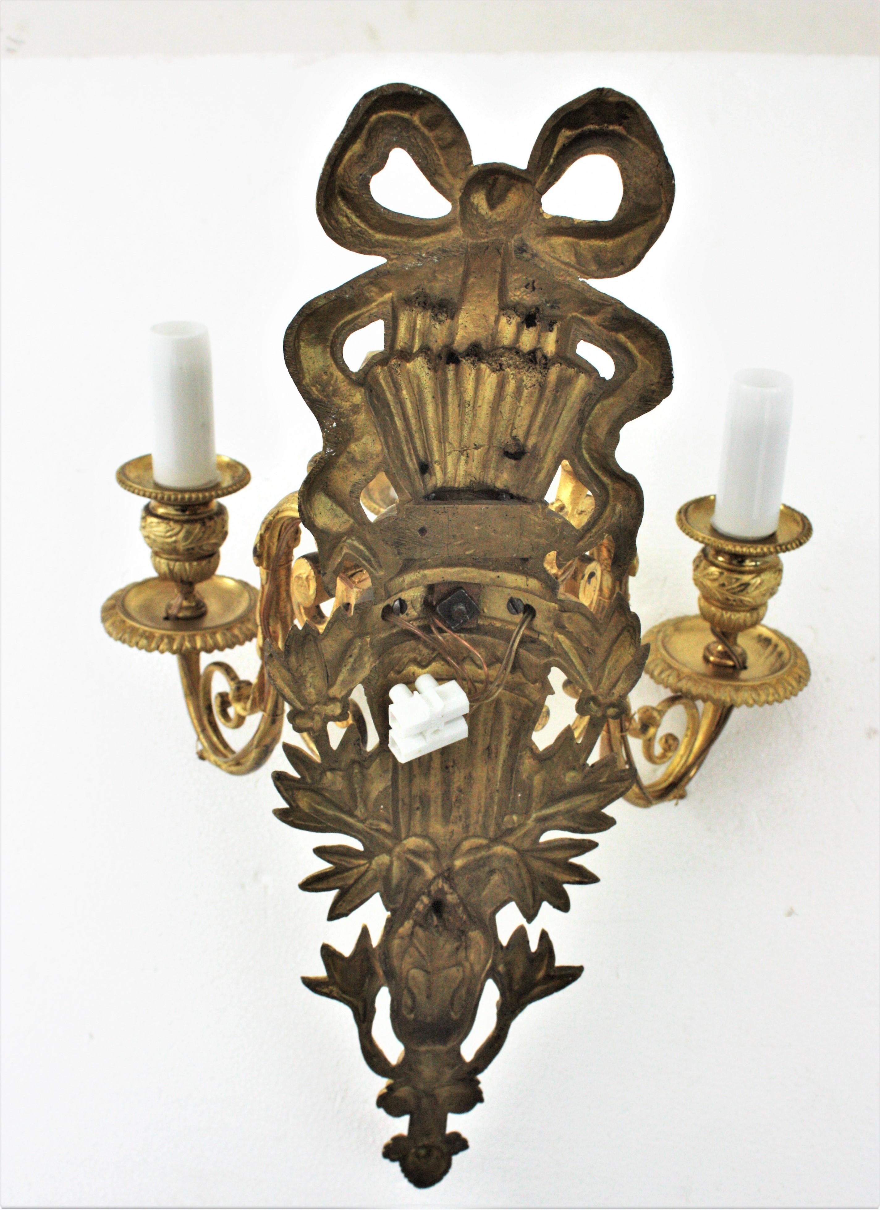 Pair of French Louis XVI Style Sconces in Ormolu For Sale 14