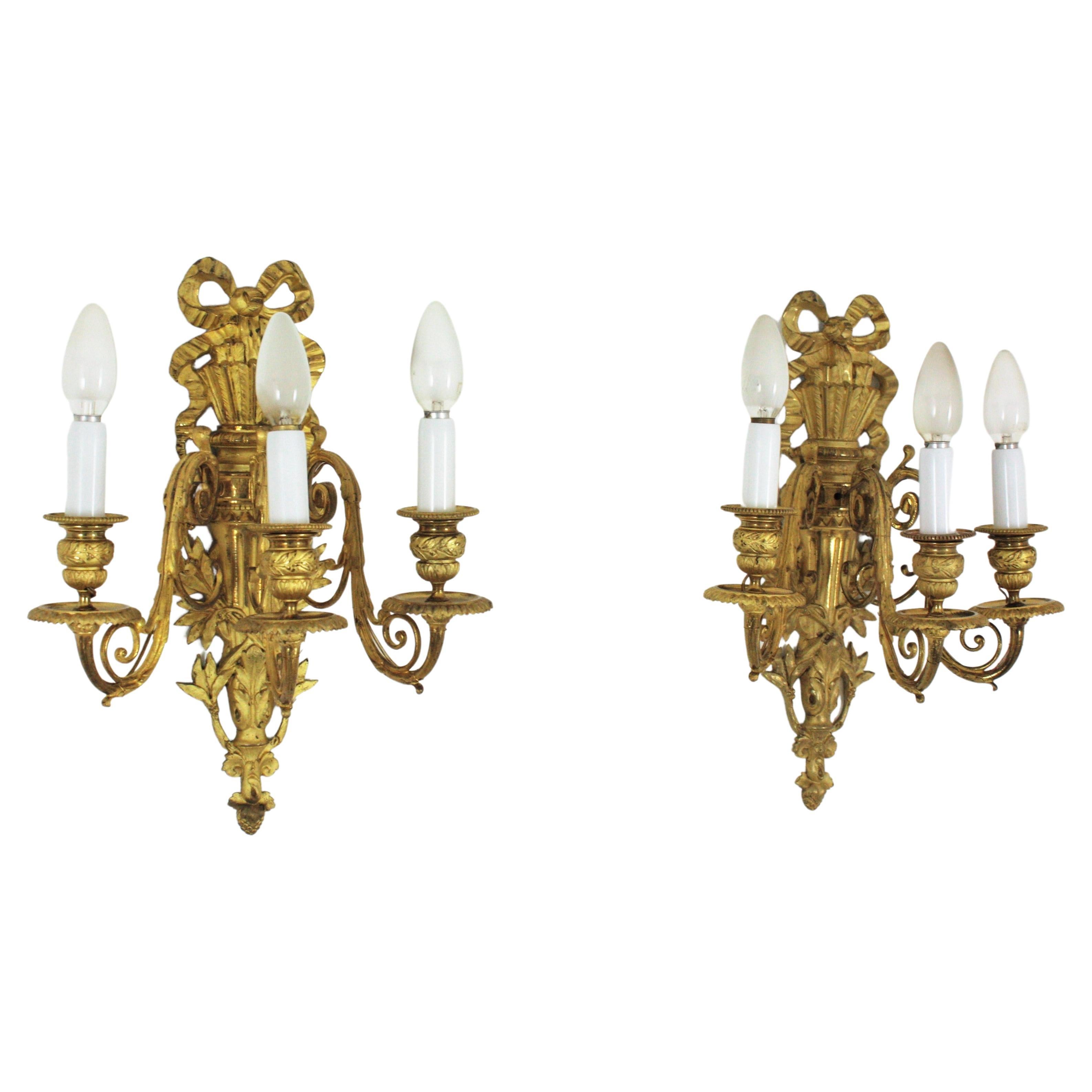 Gilt Pair of French Louis XVI Style Sconces in Ormolu For Sale