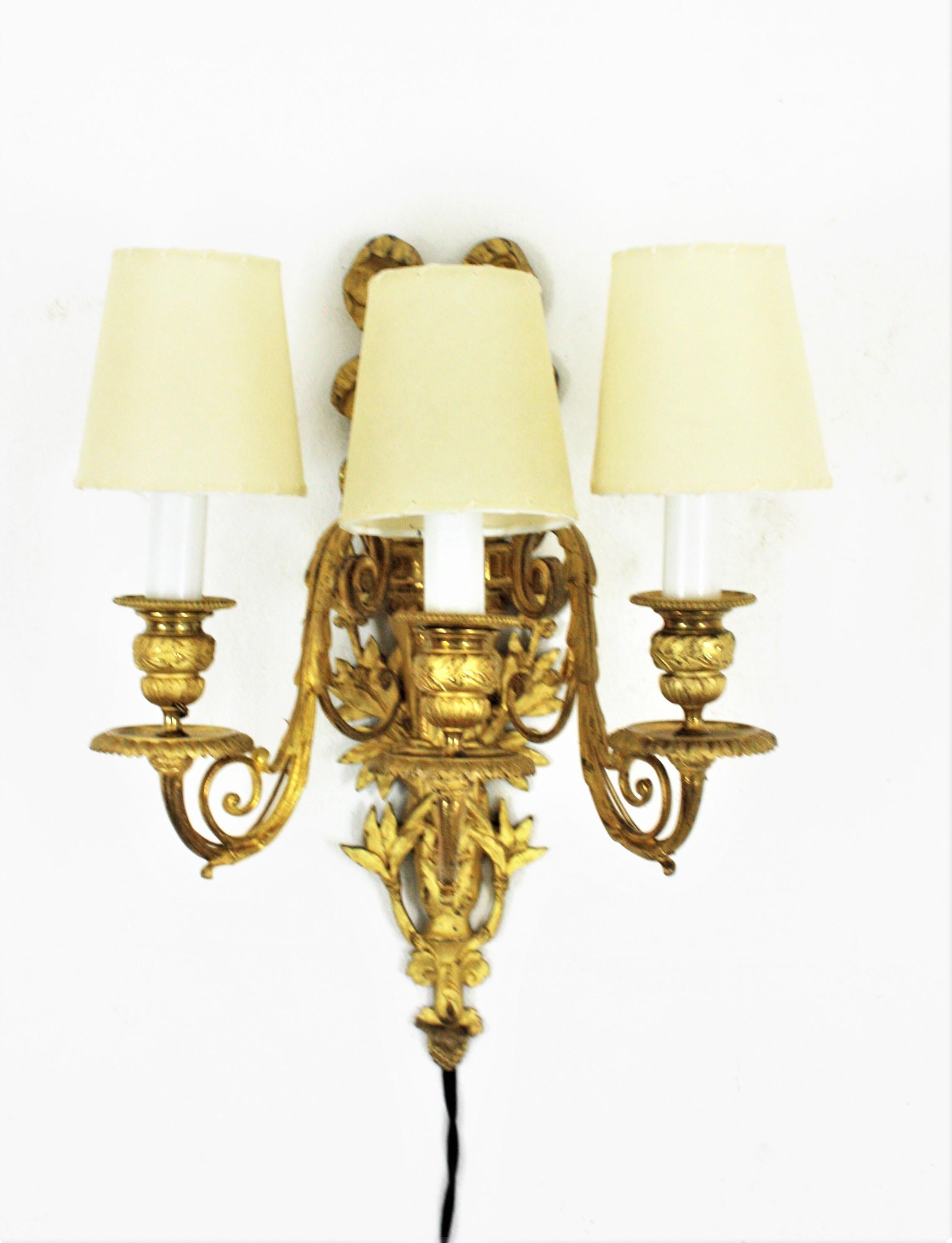 20th Century Pair of French Louis XVI Style Sconces in Ormolu For Sale