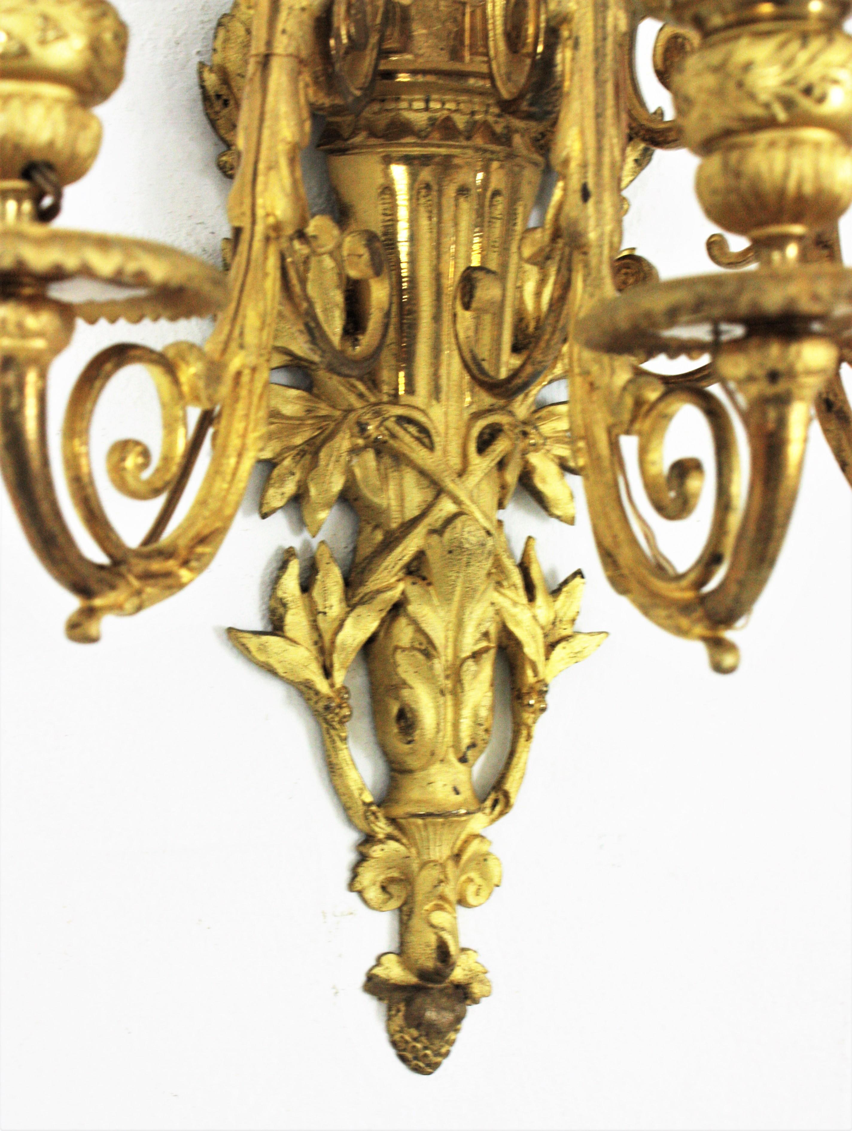 Pair of French Louis XVI Style Sconces in Ormolu For Sale 2