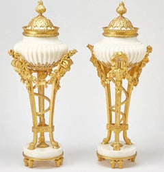 Pair of Louis XVI Style Ormolu Mounted White Marble Cassolettes