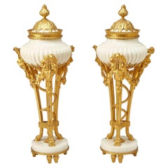 Antique Pair of Louis XVI Style Ormolu Mounted White Marble Cassolettes