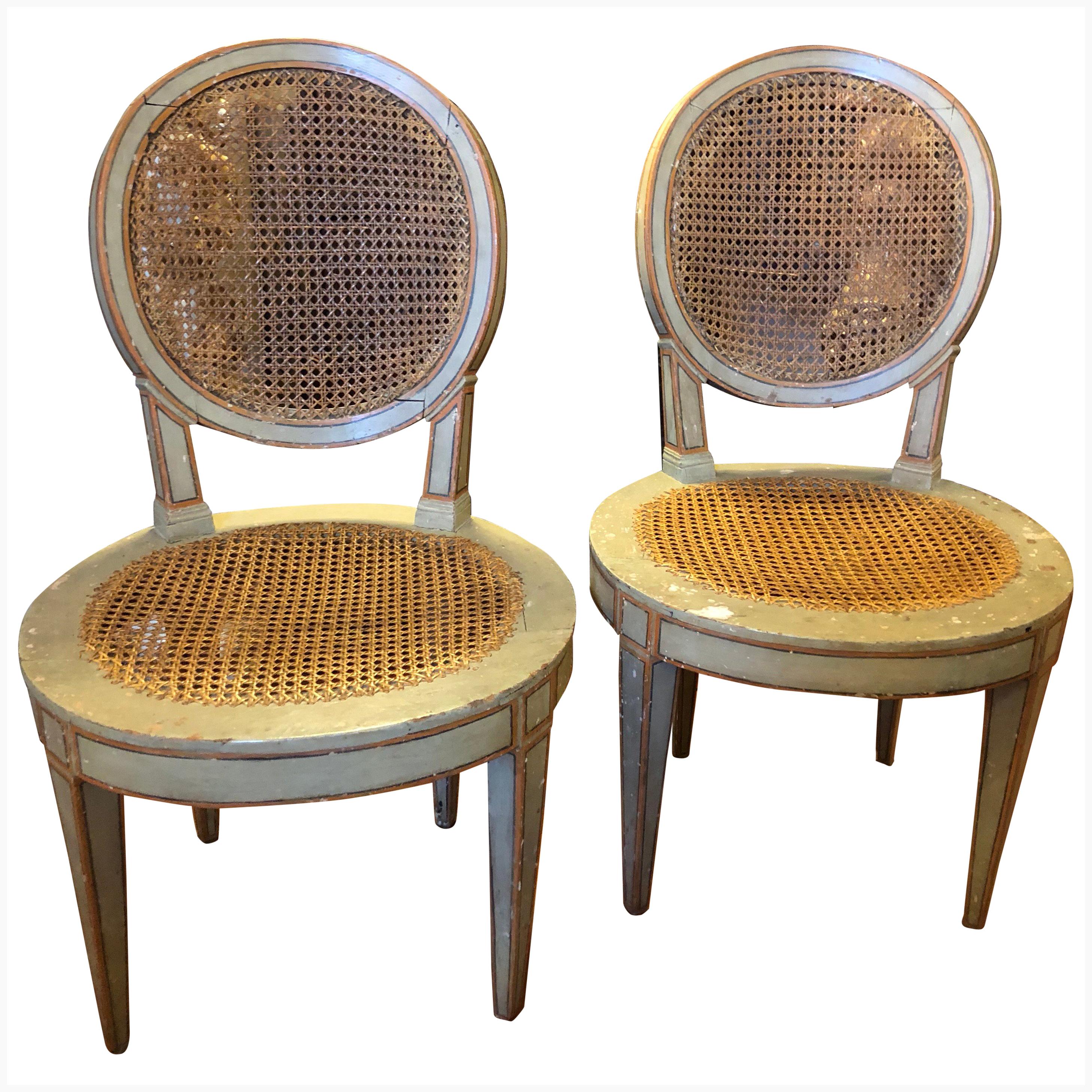 Pair of Louis XVI Style Oval Back Painted Chairs For Sale