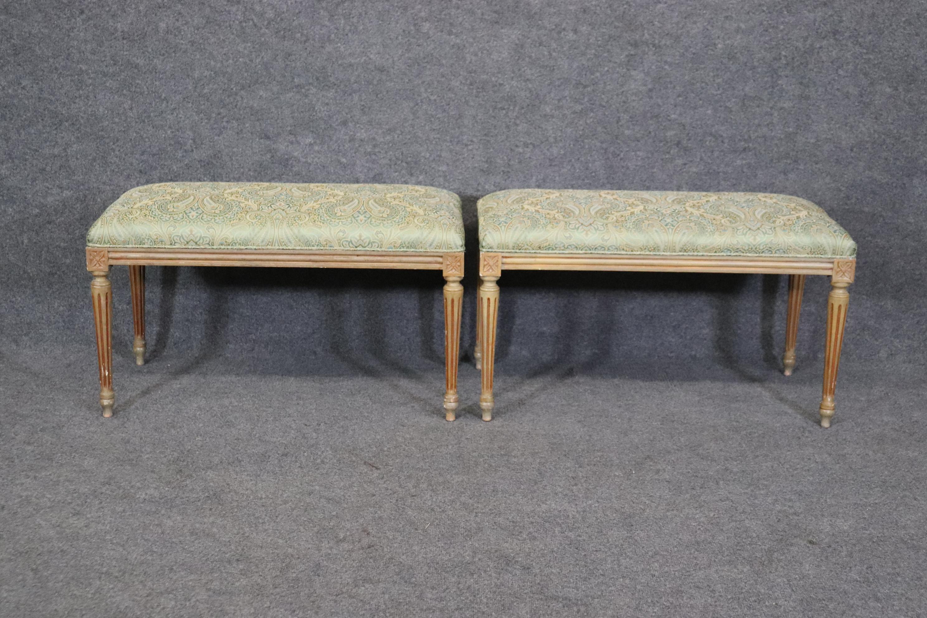 Carved Pair of Louis XVI style Paint Decorated Upholstered Benches For Sale