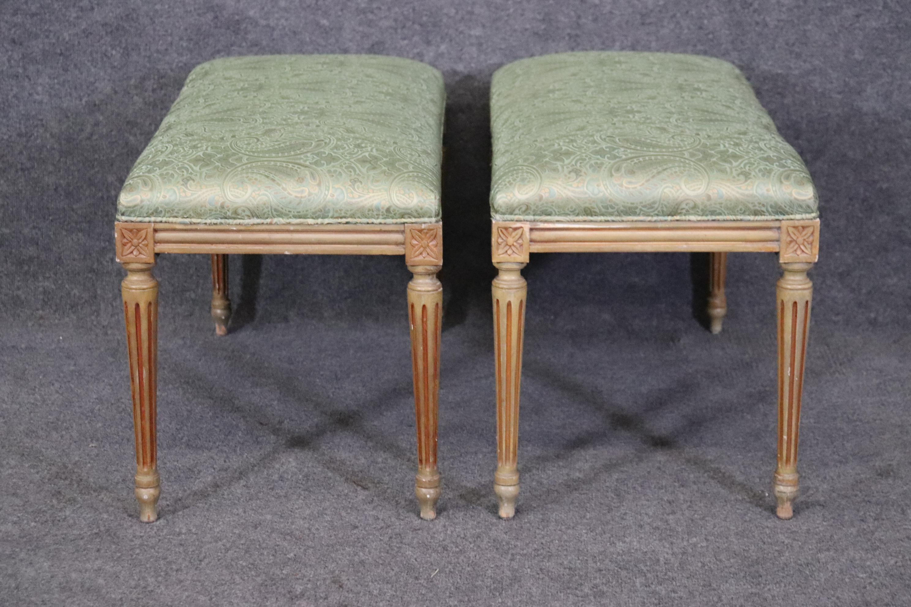 Pair of Louis XVI style Paint Decorated Upholstered Benches In Good Condition For Sale In Swedesboro, NJ