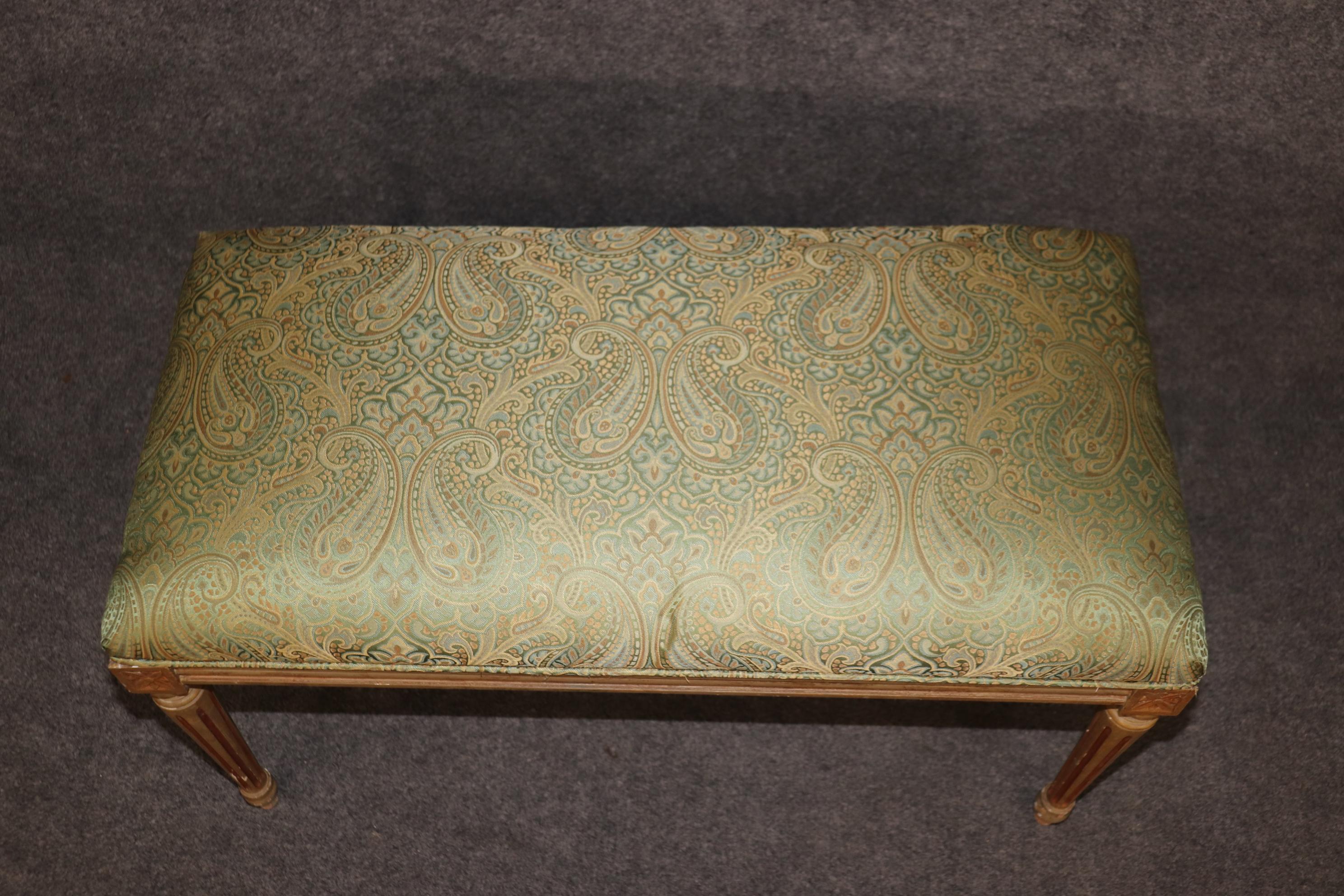 Upholstery Pair of Louis XVI style Paint Decorated Upholstered Benches For Sale